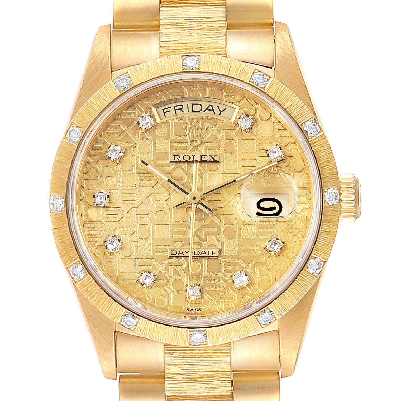 This image shows the front view of a Rolex President 18108 Men
s Yellow Gold Champagne Dial 18108 Men
s Yellow Gold Champagne Dial model watch, featuring a gold dial, diamond hour markers, and a day-date display.
