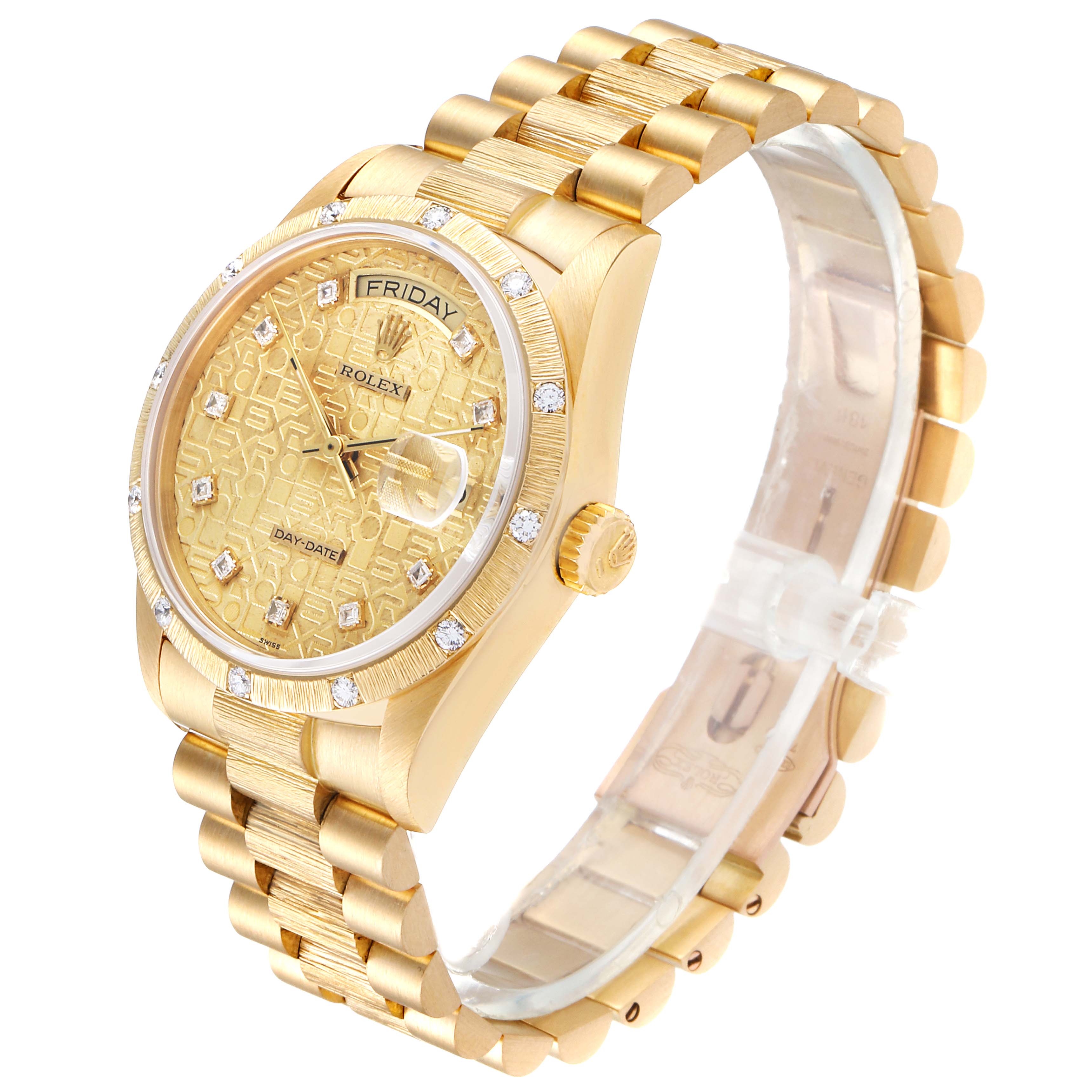 The image shows a Rolex President 18108 Men
s Yellow Gold Champagne Dial 18108 Men
s Yellow Gold Champagne Dial model watch angled to display the face, bezel, and bracelet.