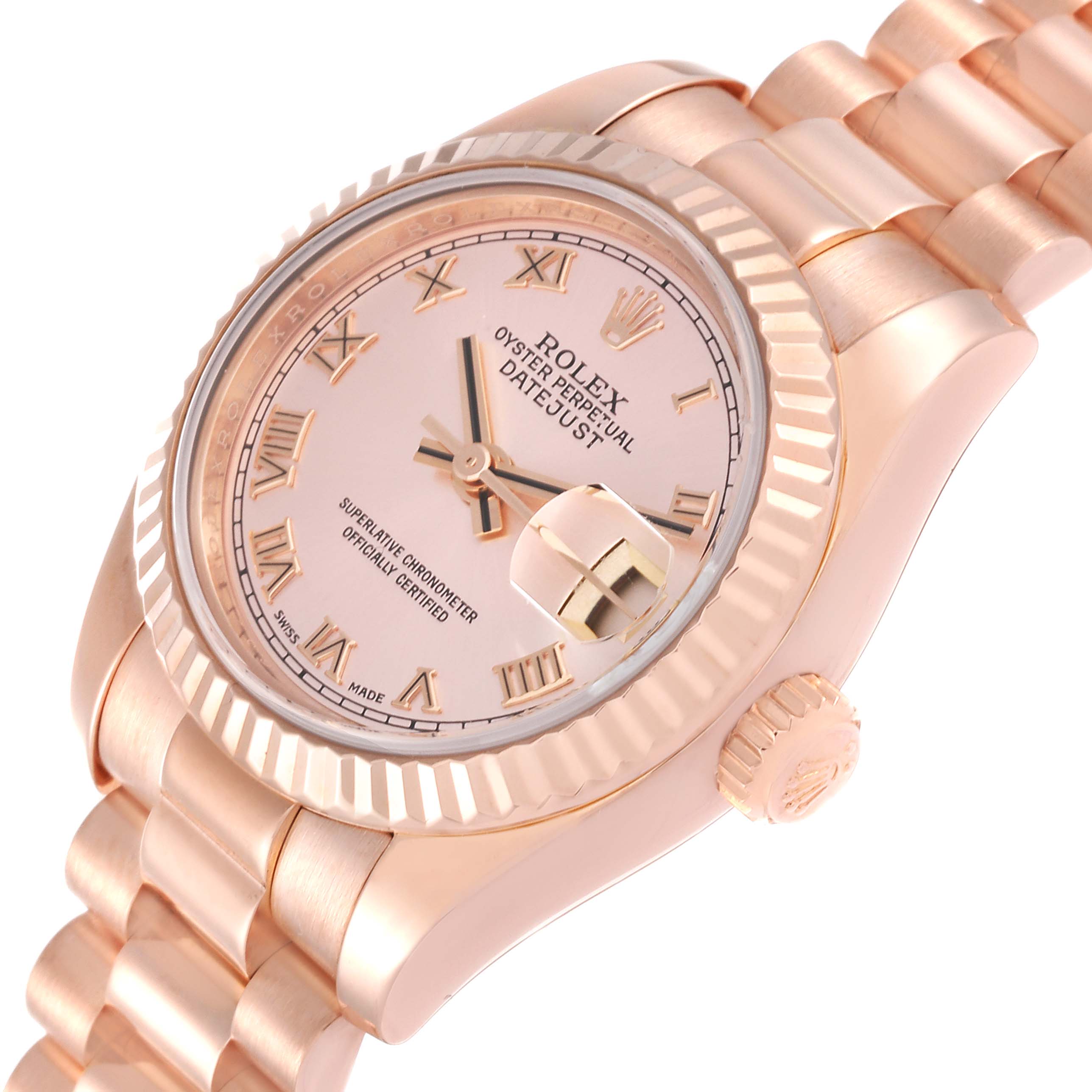 The image shows a side angle of a Rolex President 179175 Women's Rose Gold Pink Dial 179175 Women's Rose Gold Pink Dial model watch, highlighting the dial, crown, and bracelet.