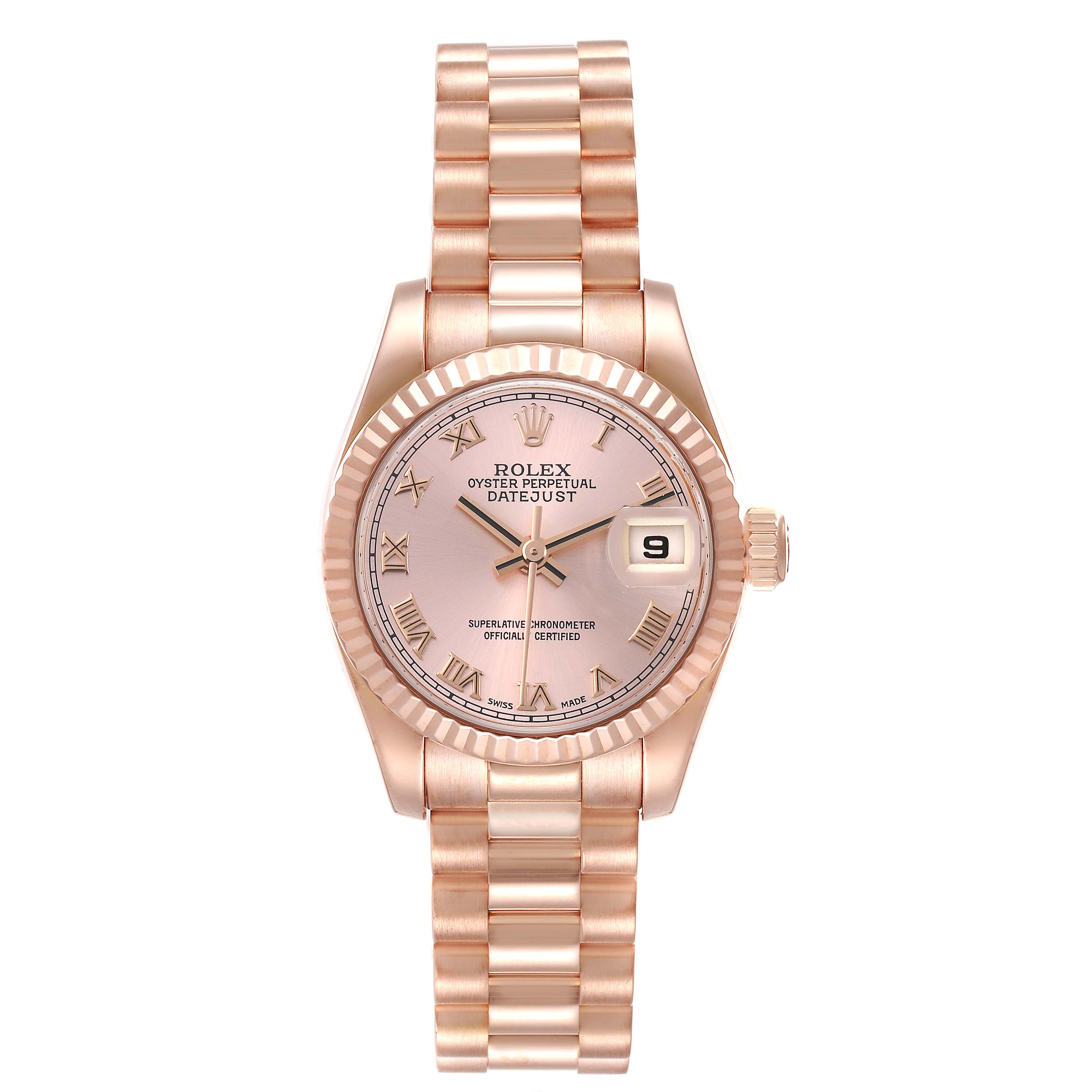 The image shows a frontal view of a Rolex President 179175 Women's Rose Gold Pink Dial 179175 Women's Rose Gold Pink Dial model watch, displaying its dial, date window, bezel, and bracelet.