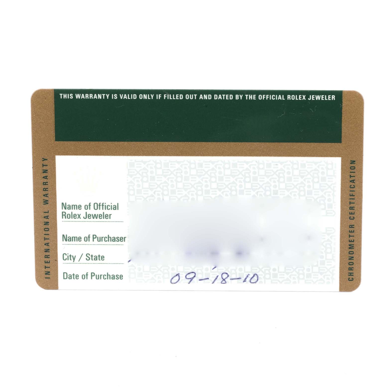 The image shows the warranty card for a Rolex President 179175 Women's Rose Gold Pink Dial 179175 Women's Rose Gold Pink Dial model, providing details such as the date of purchase and the jeweler's name.