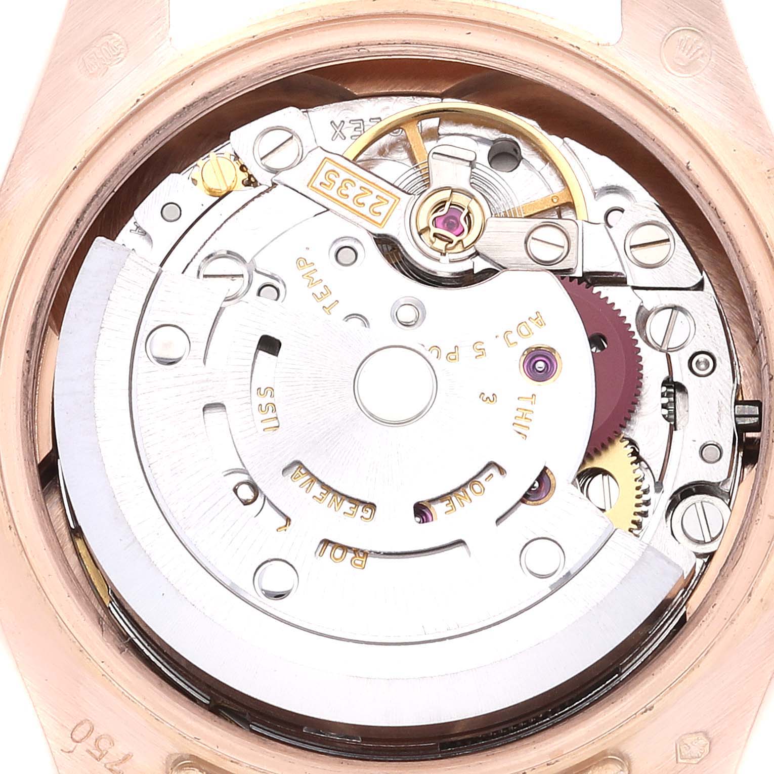 This image shows a close-up view of the inner mechanical movement of a Rolex President 179175 Women's Rose Gold Pink Dial 179175 Women's Rose Gold Pink Dial watch.