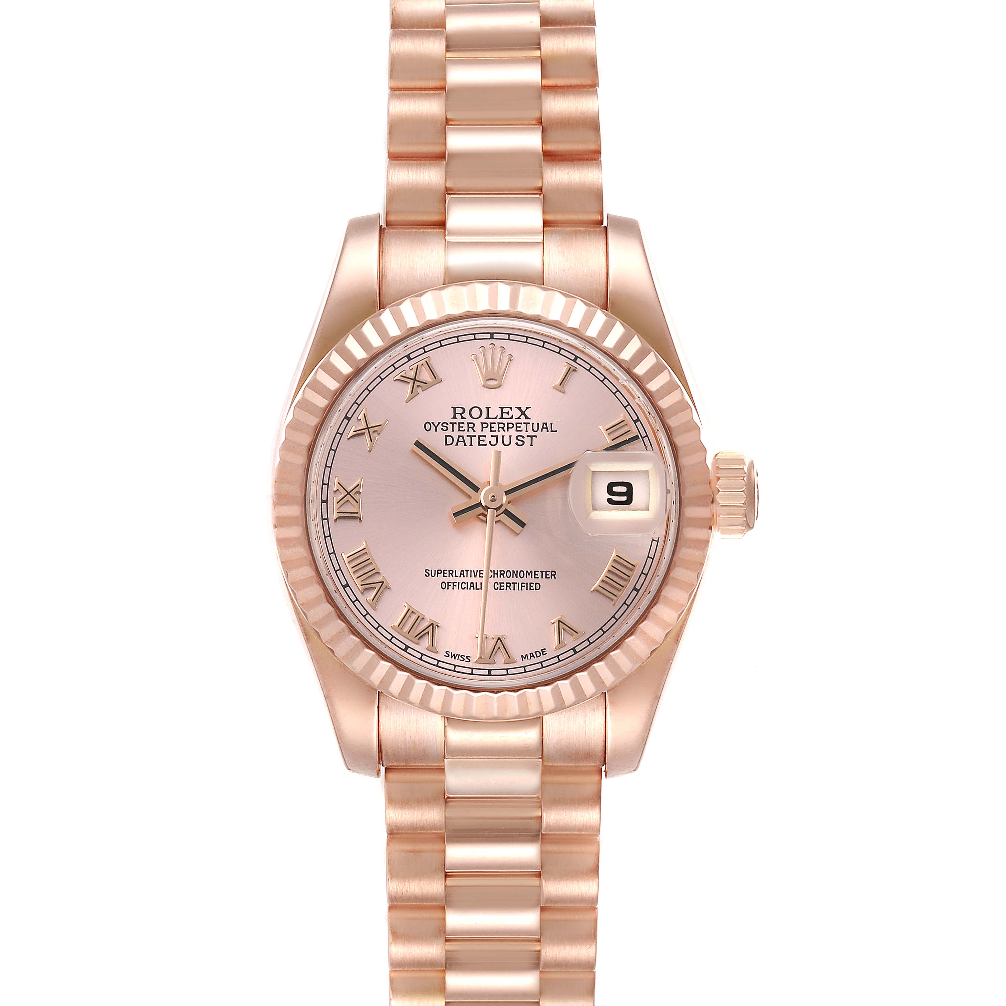 This image shows a frontal view of a Rolex President 179175 Women's Rose Gold Pink Dial 179175 Women's Rose Gold Pink Dial model watch, highlighting the dial, hands, date window, and bracelet.