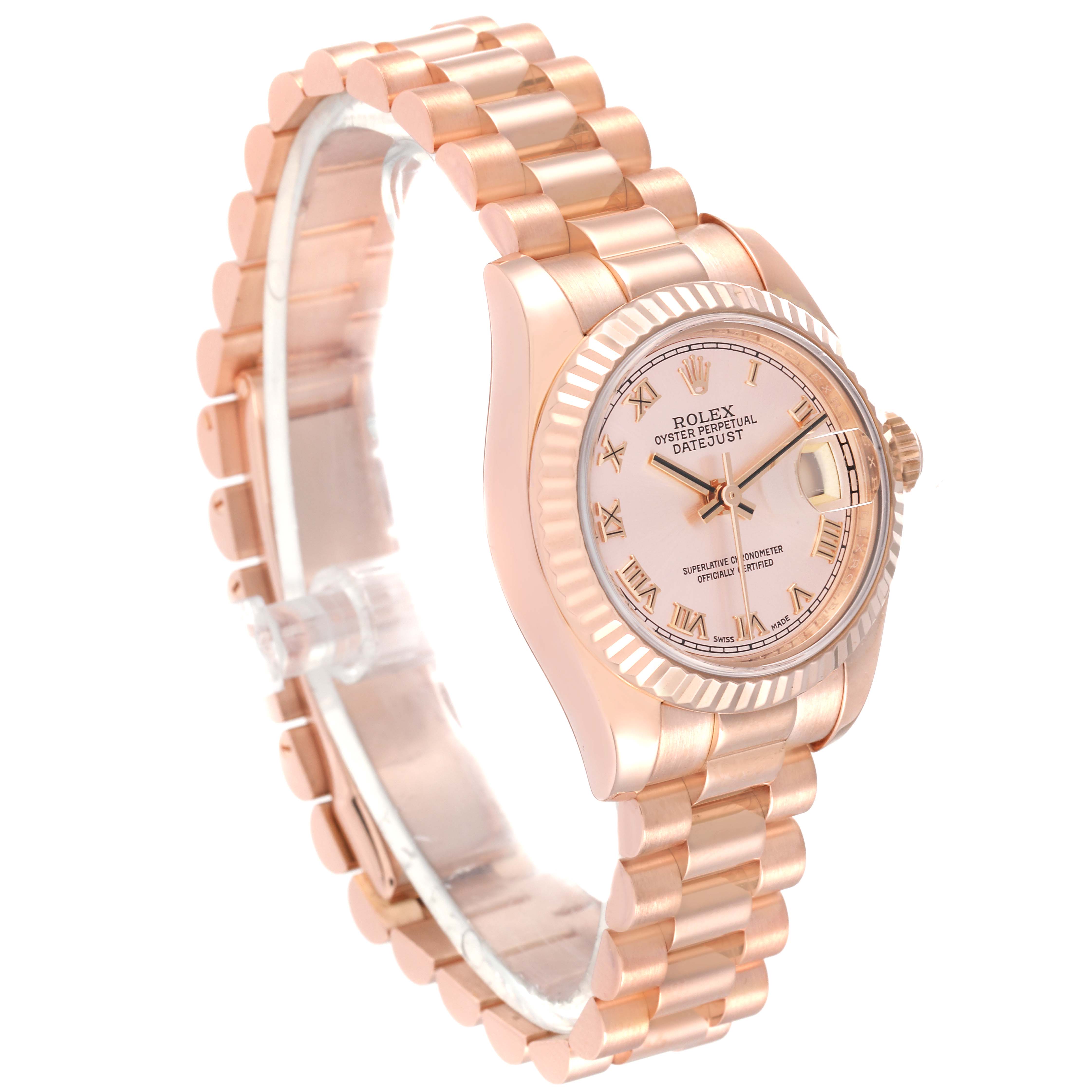 The image shows a side angle view of a Rolex President 179175 Women's Rose Gold Pink Dial 179175 Women's Rose Gold Pink Dial model watch, displaying its band, dial, and face.