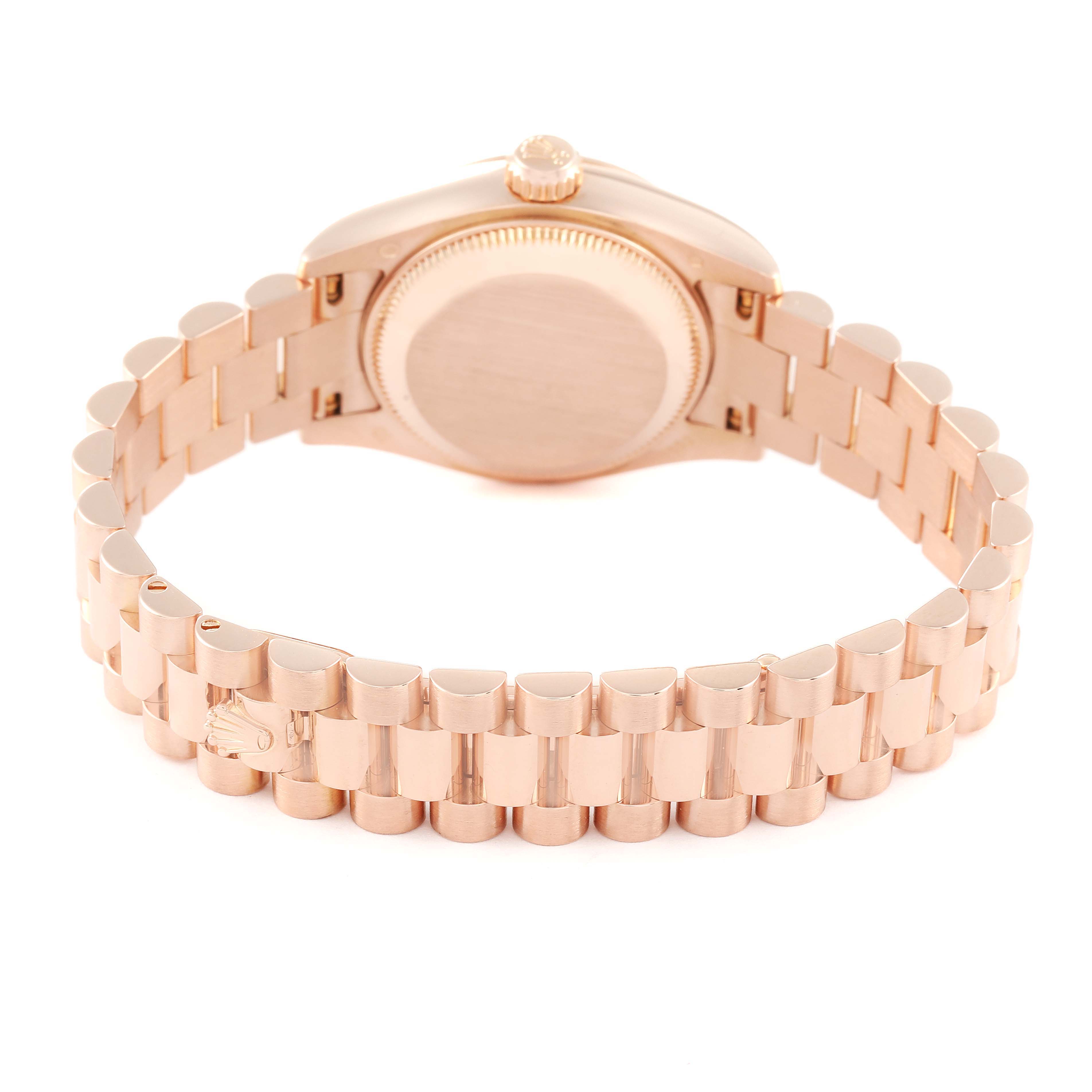 This image shows the back of the Rolex President 179175 Women's Rose Gold Pink Dial 179175 Women's Rose Gold Pink Dial model watch, highlighting its bracelet and case back.