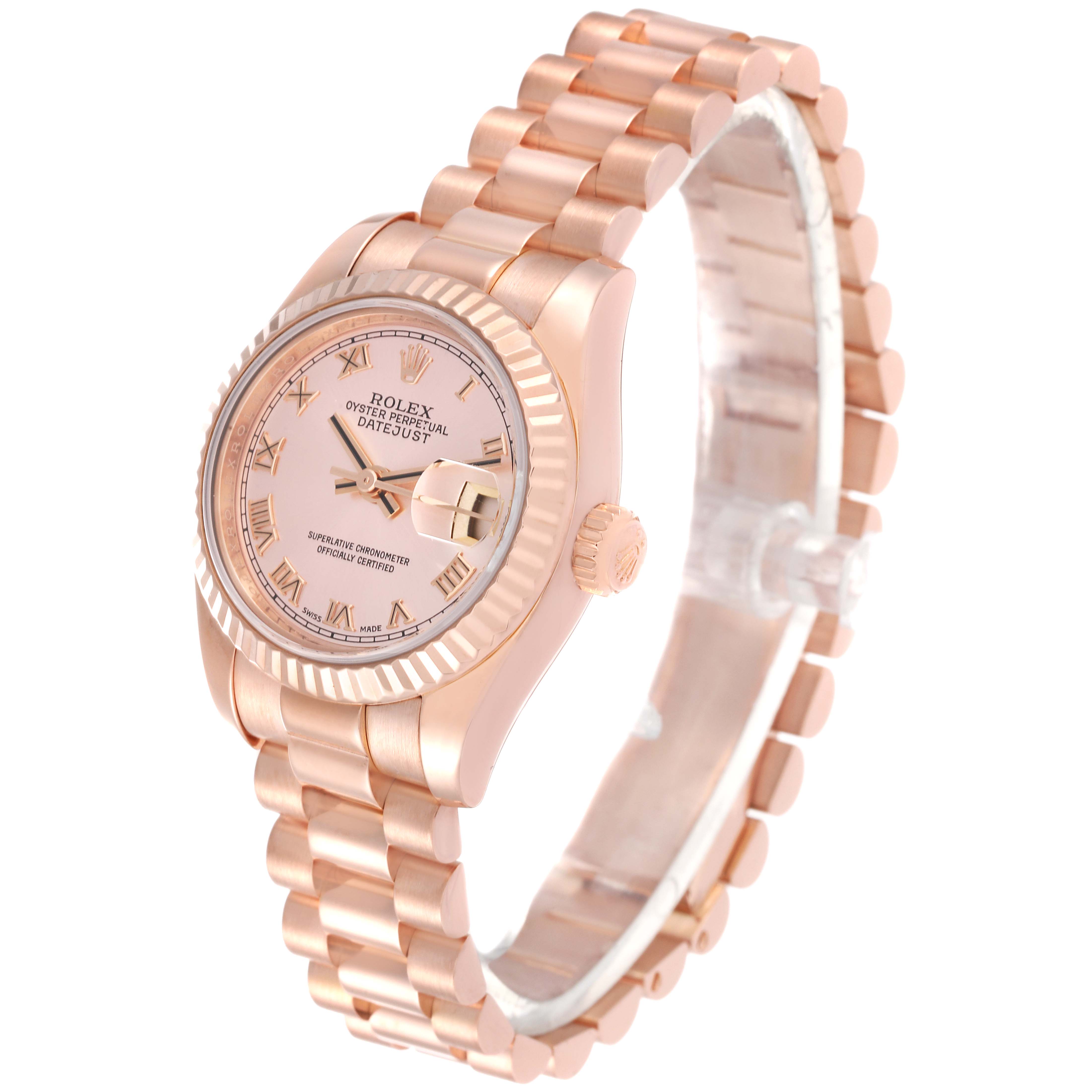 This image shows a Rolex President 179175 Women's Rose Gold Pink Dial 179175 Women's Rose Gold Pink Dial model watch at a three-quarter angle, highlighting its dial, fluted bezel, and bracelet.