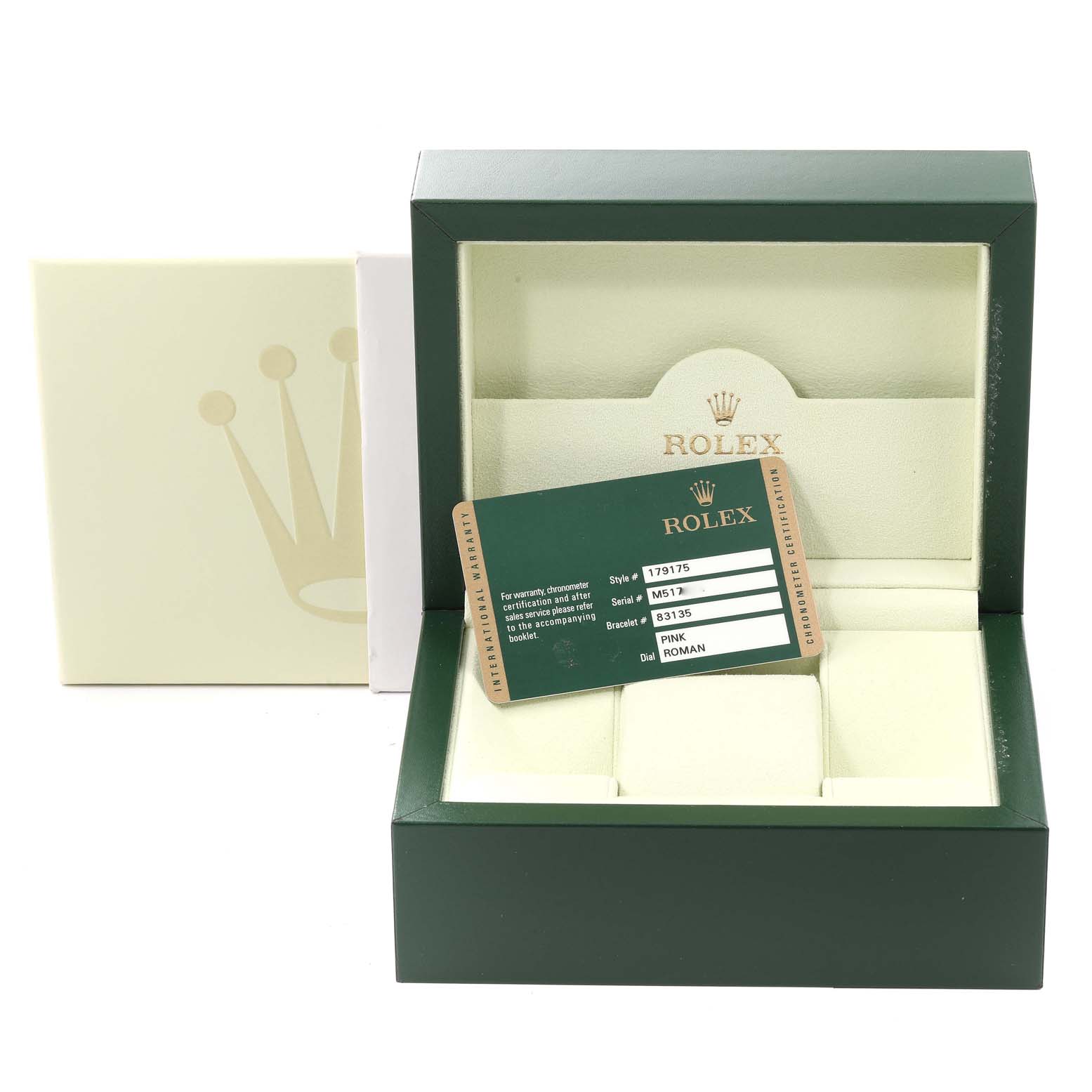 The image shows a green Rolex President 179175 Women's Rose Gold Pink Dial 179175 Women's Rose Gold Pink Dial model watch box with a warranty card, photographed from the front angle.