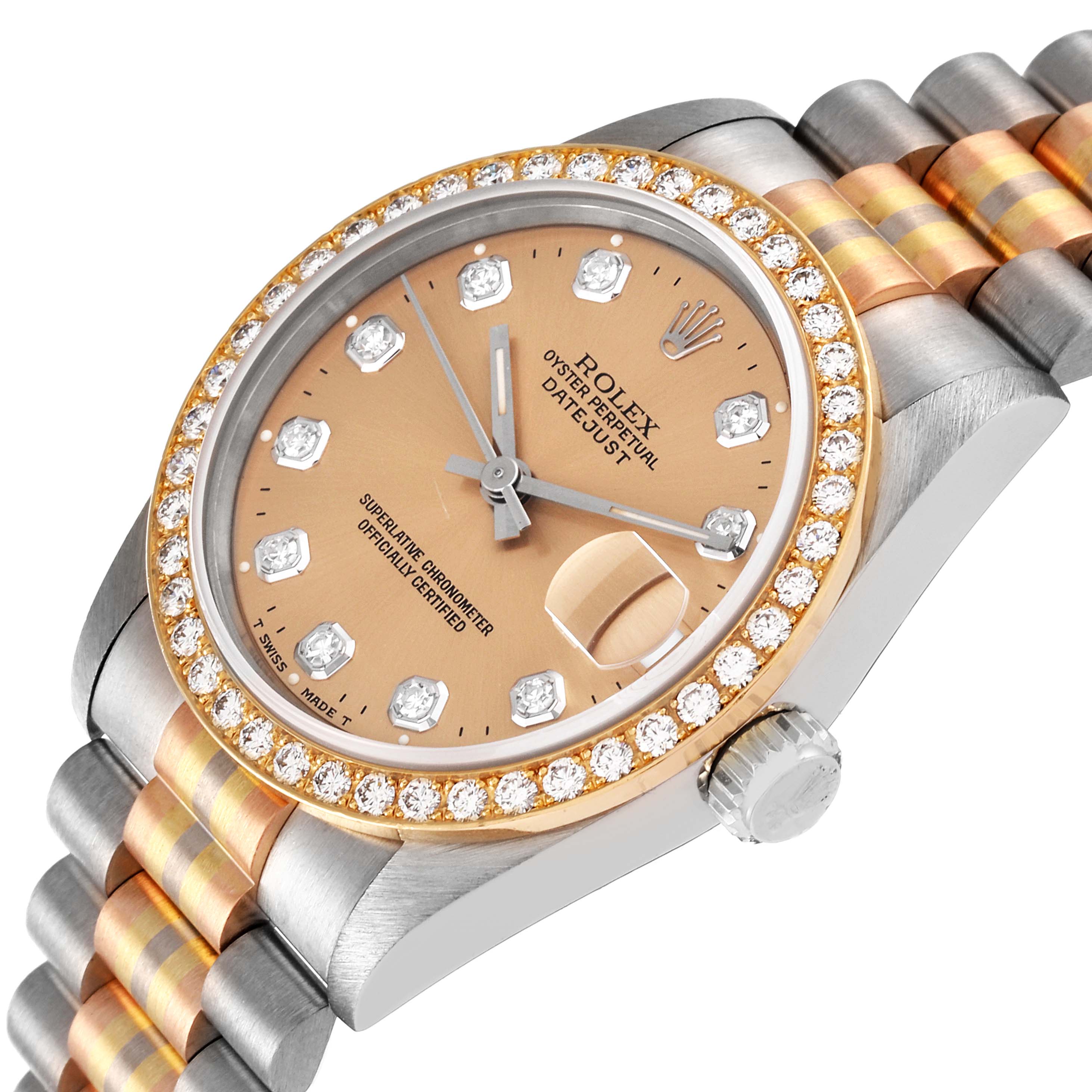 This is a close-up of a Rolex Mid-Size 68289 Women's White Gold Brown Dial 68289 Women's White Gold Brown Dial Datejust watch showing the dial, bezel, and partially the bracelet.