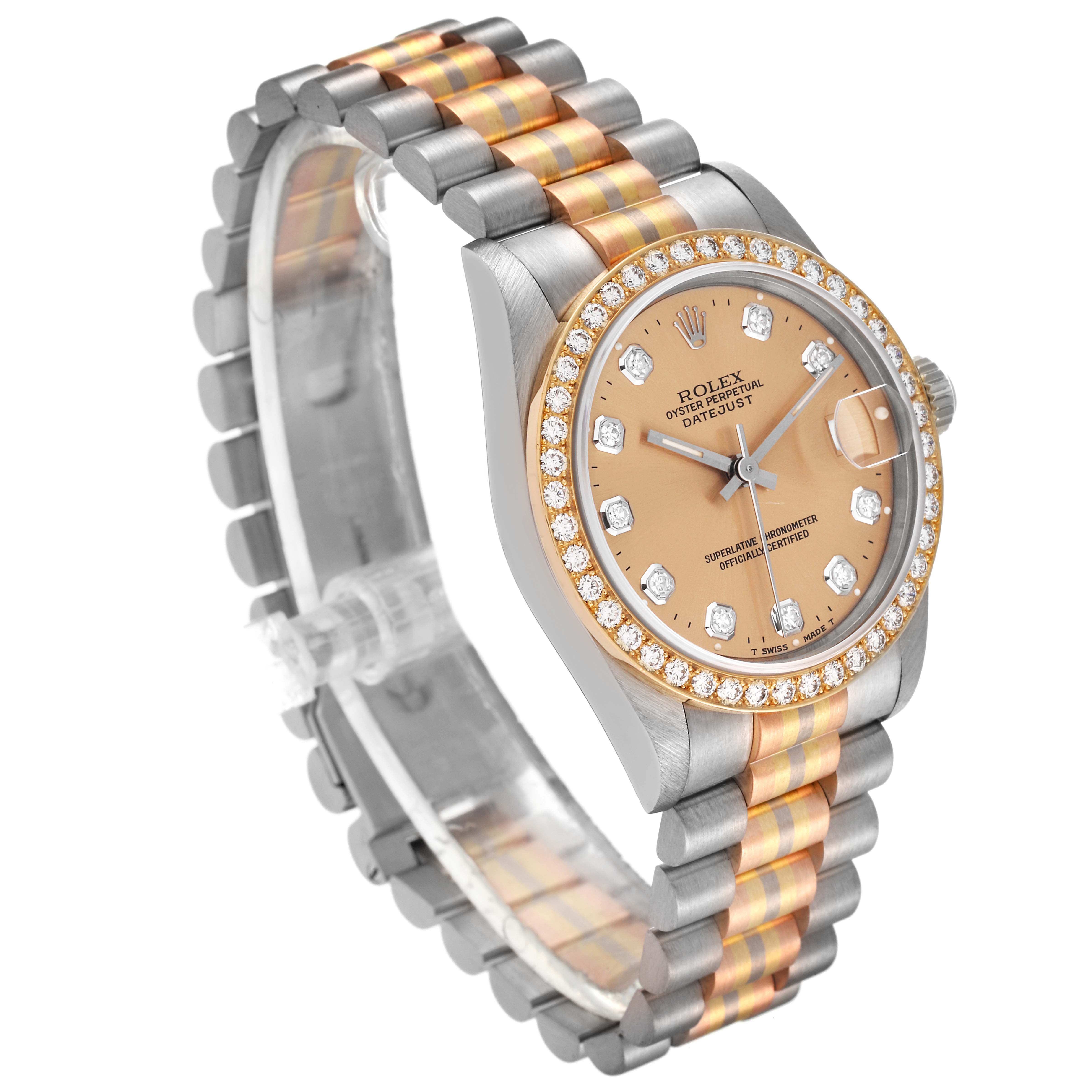 The Rolex Mid-Size 68289 Women's White Gold Brown Dial 68289 Women's White Gold Brown Dial Oyster Perpetual Datejust watch is shown at an angled side view, highlighting the two-tone metal bracelet and diamond bezel.