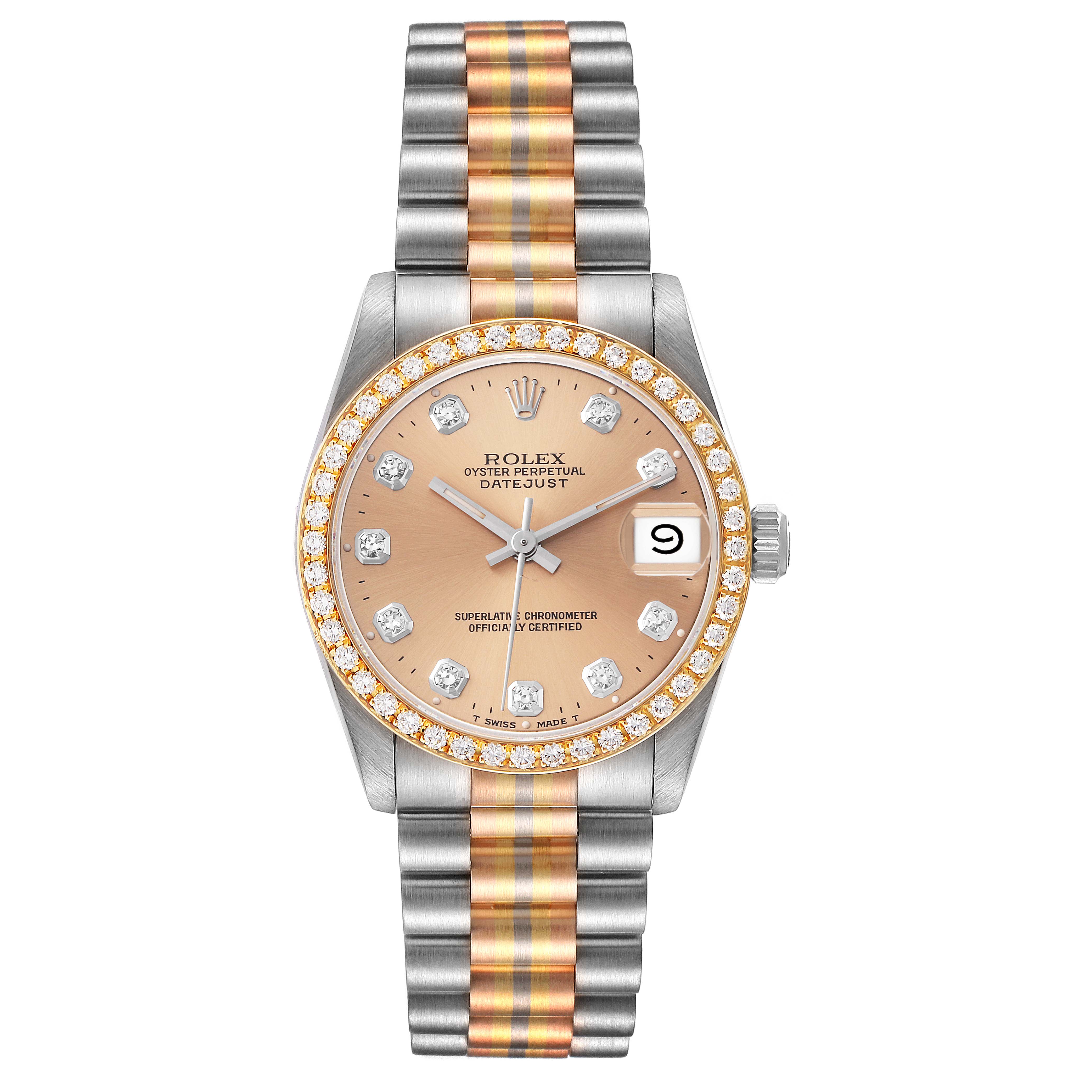This is a head-on view of a Rolex Mid-Size 68289 Women's White Gold Brown Dial 68289 Women's White Gold Brown Dial Oyster Perpetual Datejust, showcasing the watch face, bezel, and bracelet.