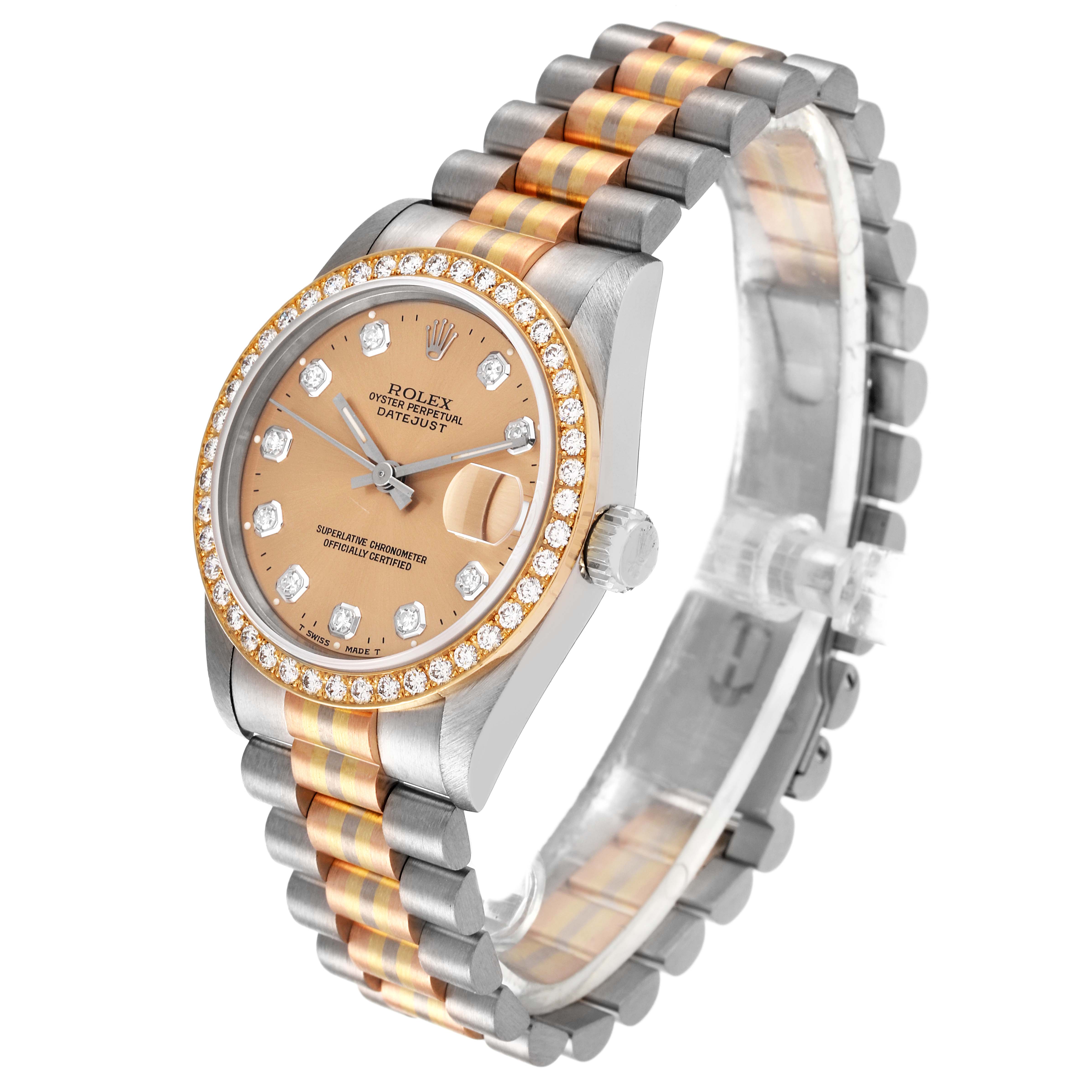 This image shows a Rolex Mid-Size 68289 Women's White Gold Brown Dial 68289 Women's White Gold Brown Dial Datejust watch at an angled view, highlighting the case, bracelet, dial, and bezel.
