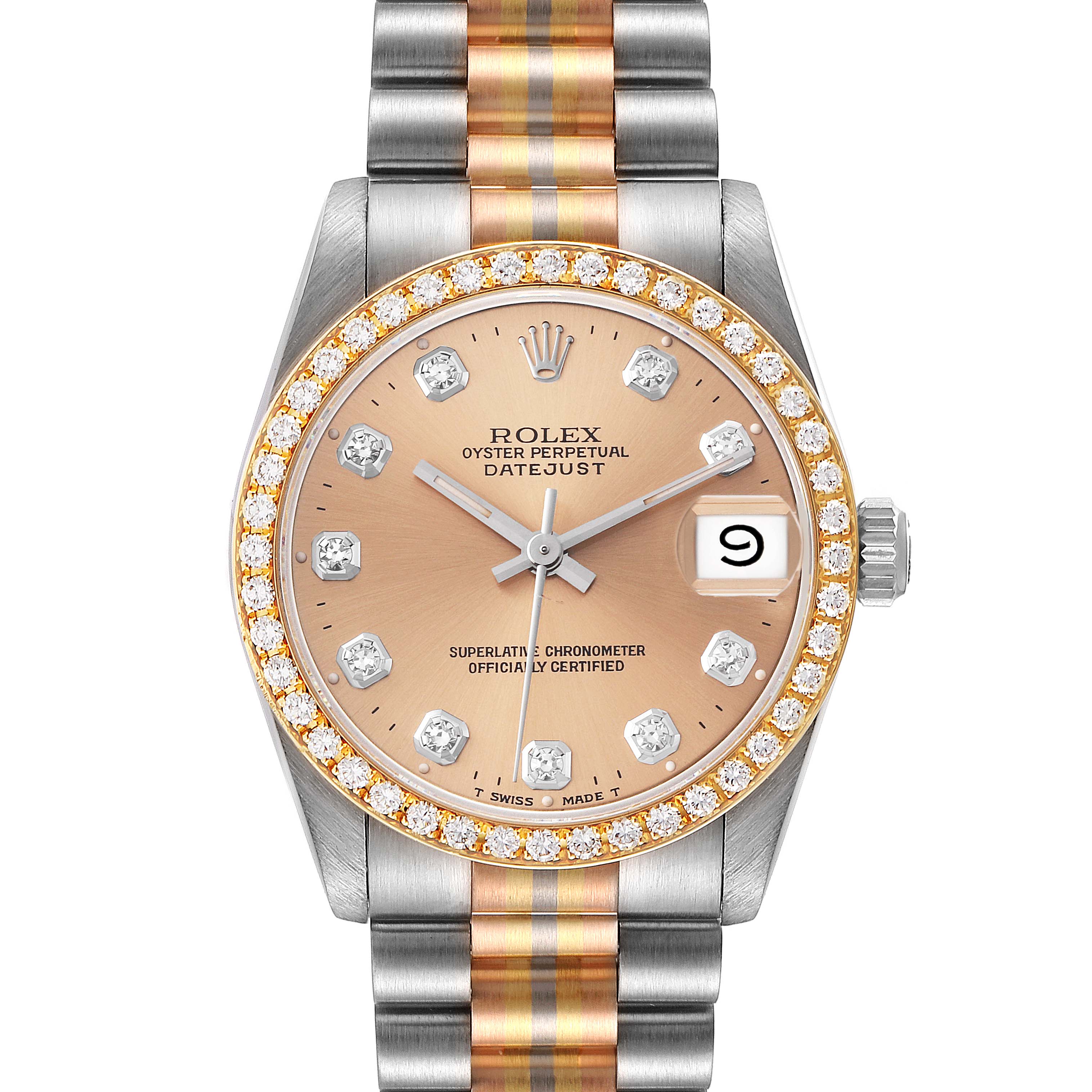 This image shows a front view of a Rolex Datejust Mid-Size watch with a two-tone metal band and diamond-encrusted bezel.