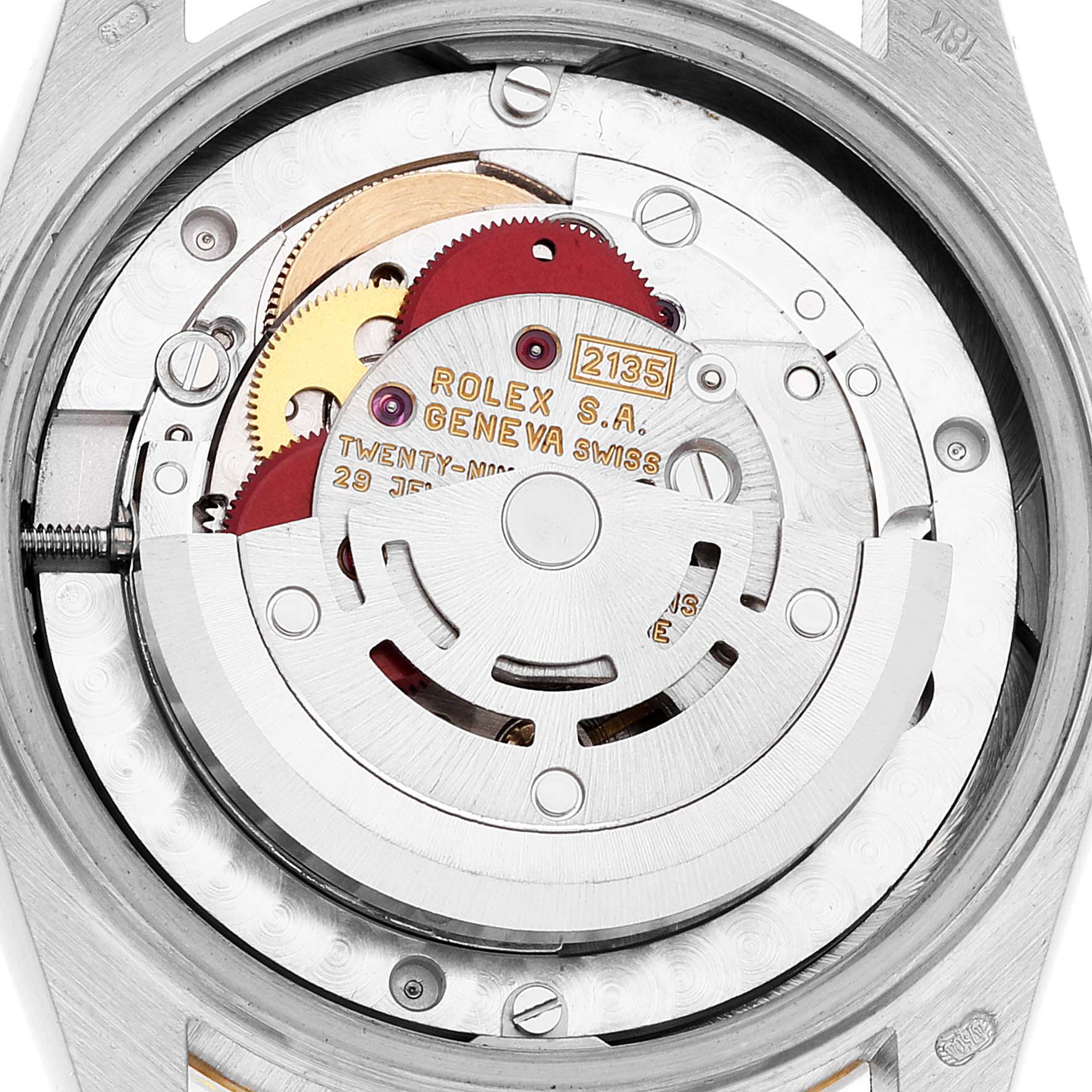 This image shows a close-up of the internal movement components of a Mid-Size Rolex watch model.