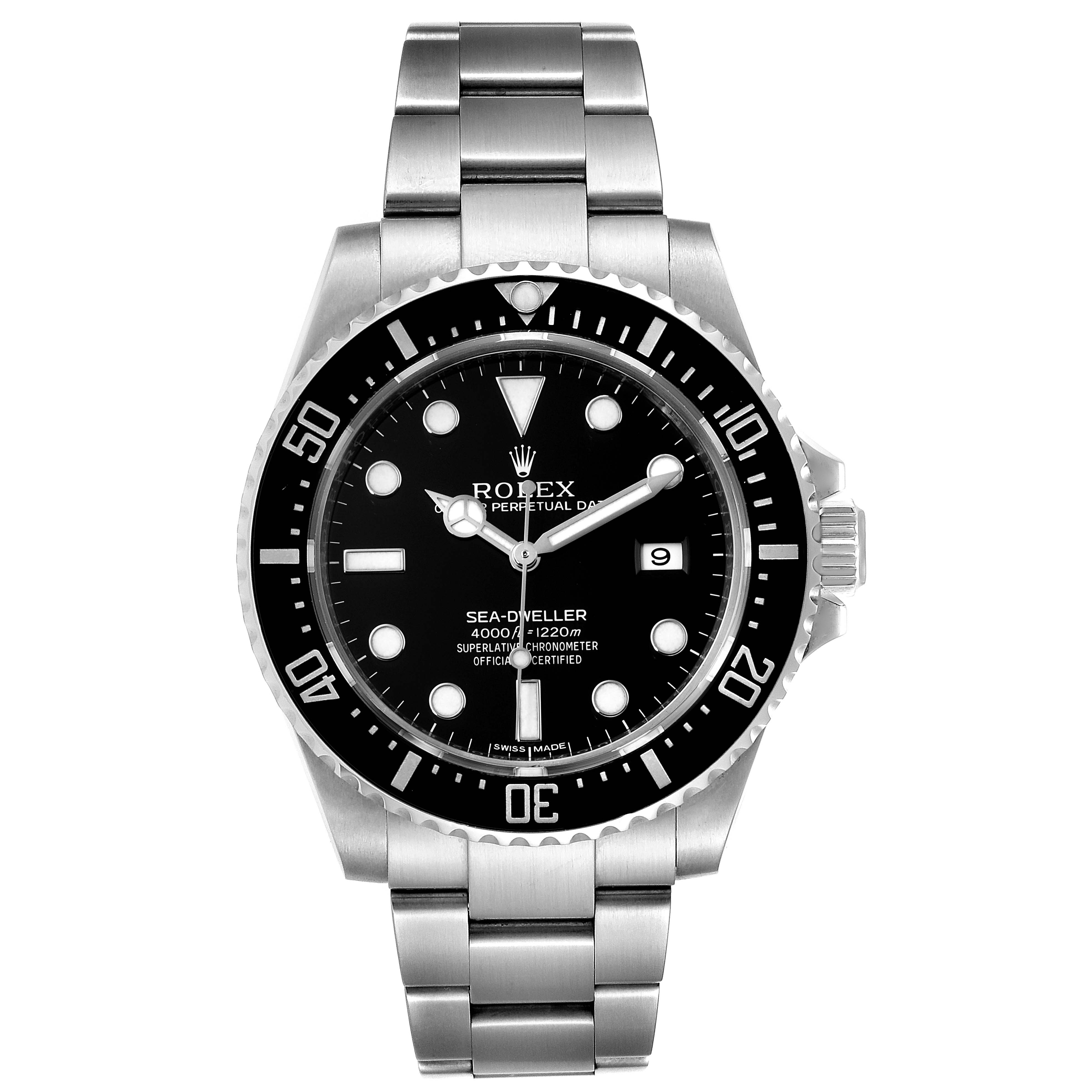 The image shows a front view of the Rolex Sea-Dweller 116600 Men
s Stainless Steel Black Dial 116600 Men
s Stainless Steel Black Dial watch, displaying the face, bracelet, and bezel.