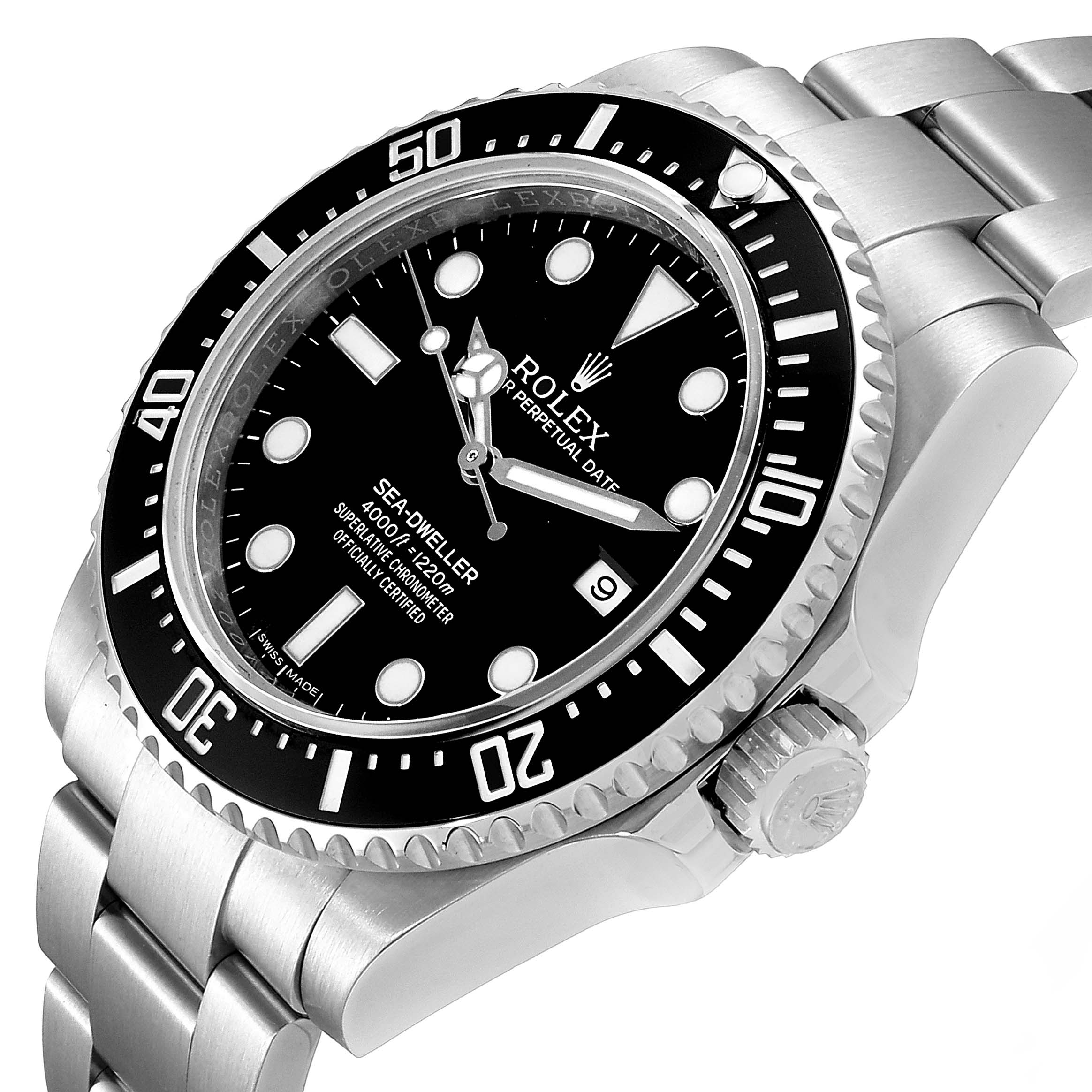 The image shows a Rolex Sea-Dweller 116600 Men
s Stainless Steel Black Dial 116600 Men
s Stainless Steel Black Dial watch at an angle, highlighting its dial, bezel, crown, and part of its bracelet.
