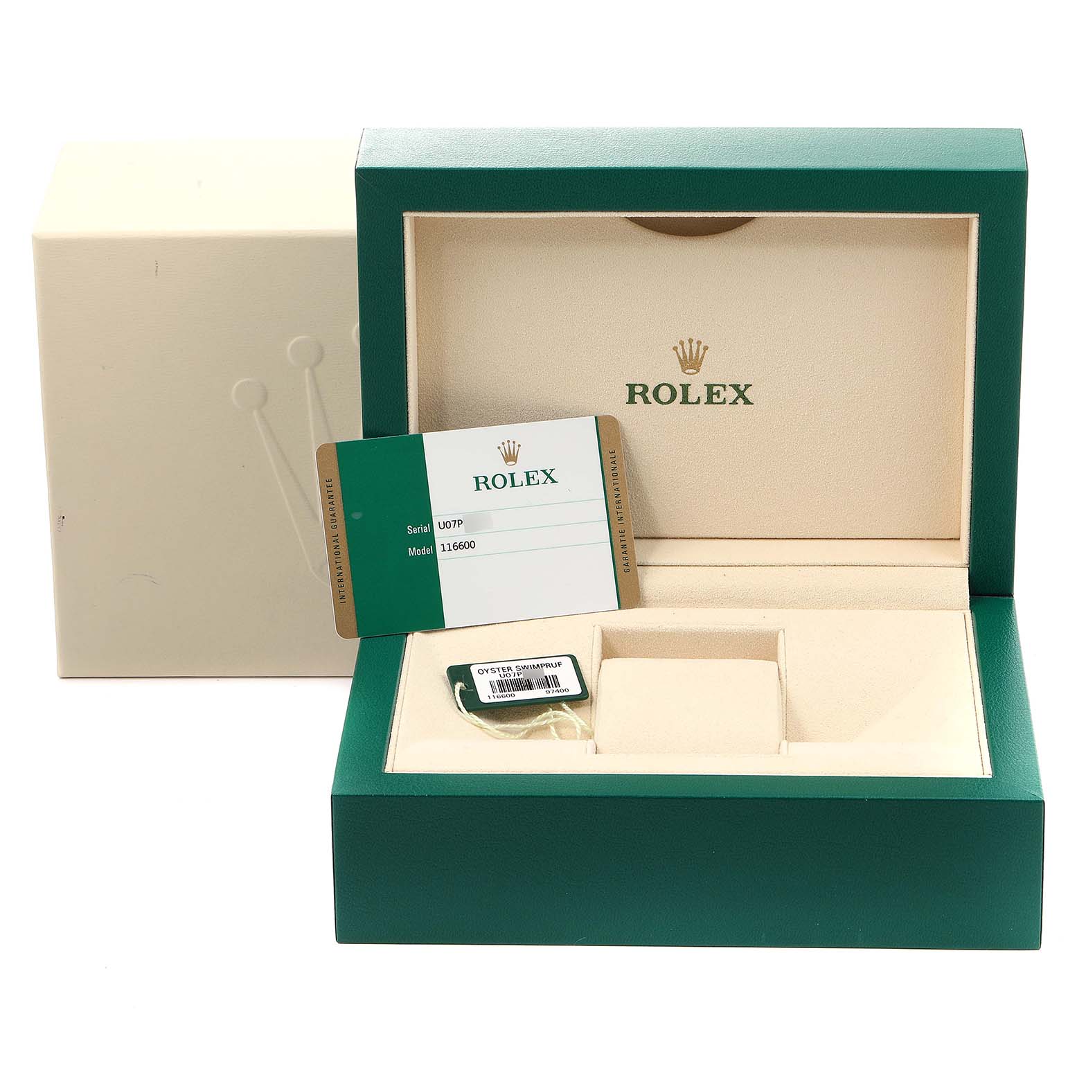 The image shows the packaging, warranty card, and box for the Rolex Sea-Dweller 116600 Men
s Stainless Steel Black Dial 116600 Men
s Stainless Steel Black Dial model.