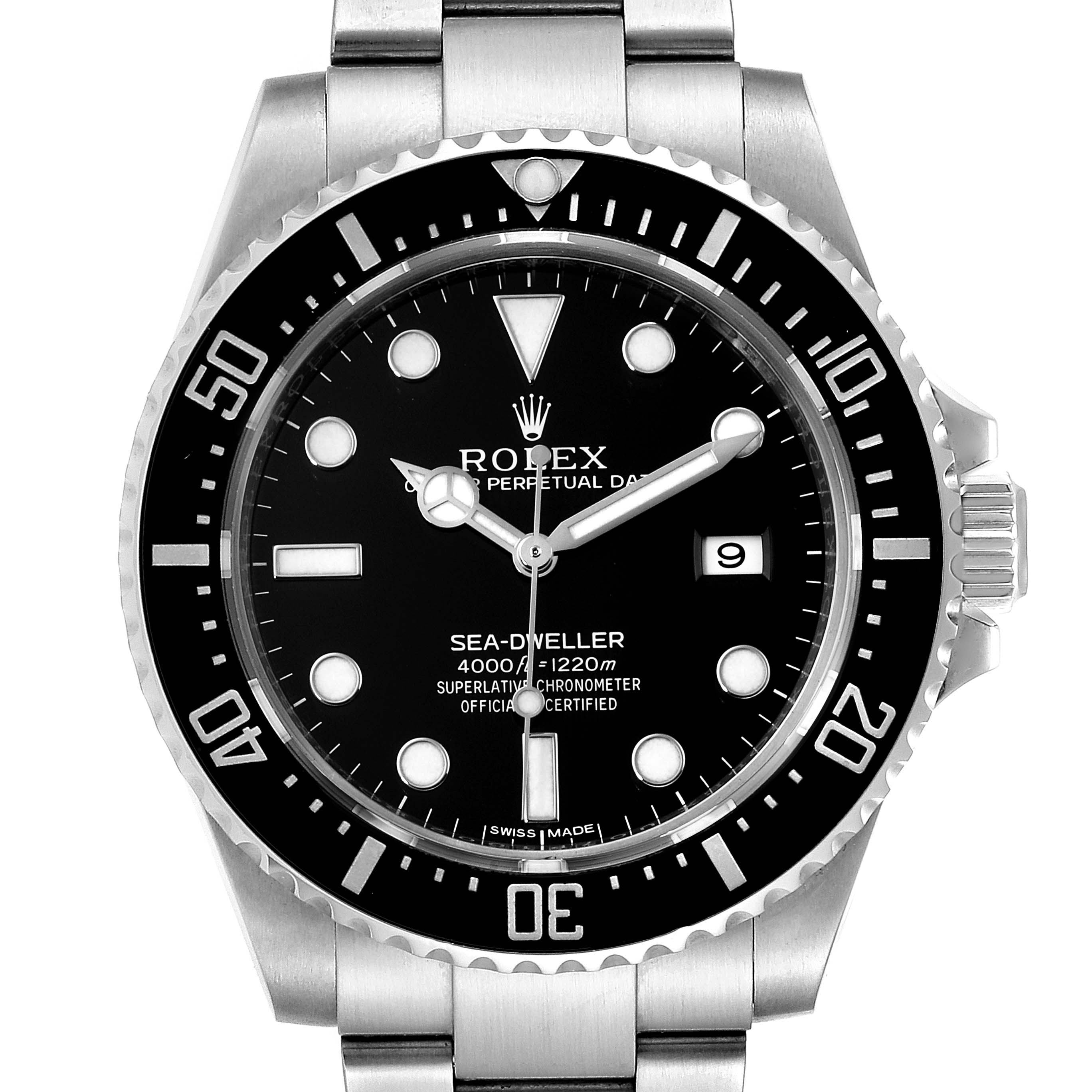 This image shows a front view of the Rolex Sea-Dweller 116600 Men
s Stainless Steel Black Dial 116600 Men
s Stainless Steel Black Dial watch, highlighting its black dial, date window, and stainless steel bracelet.