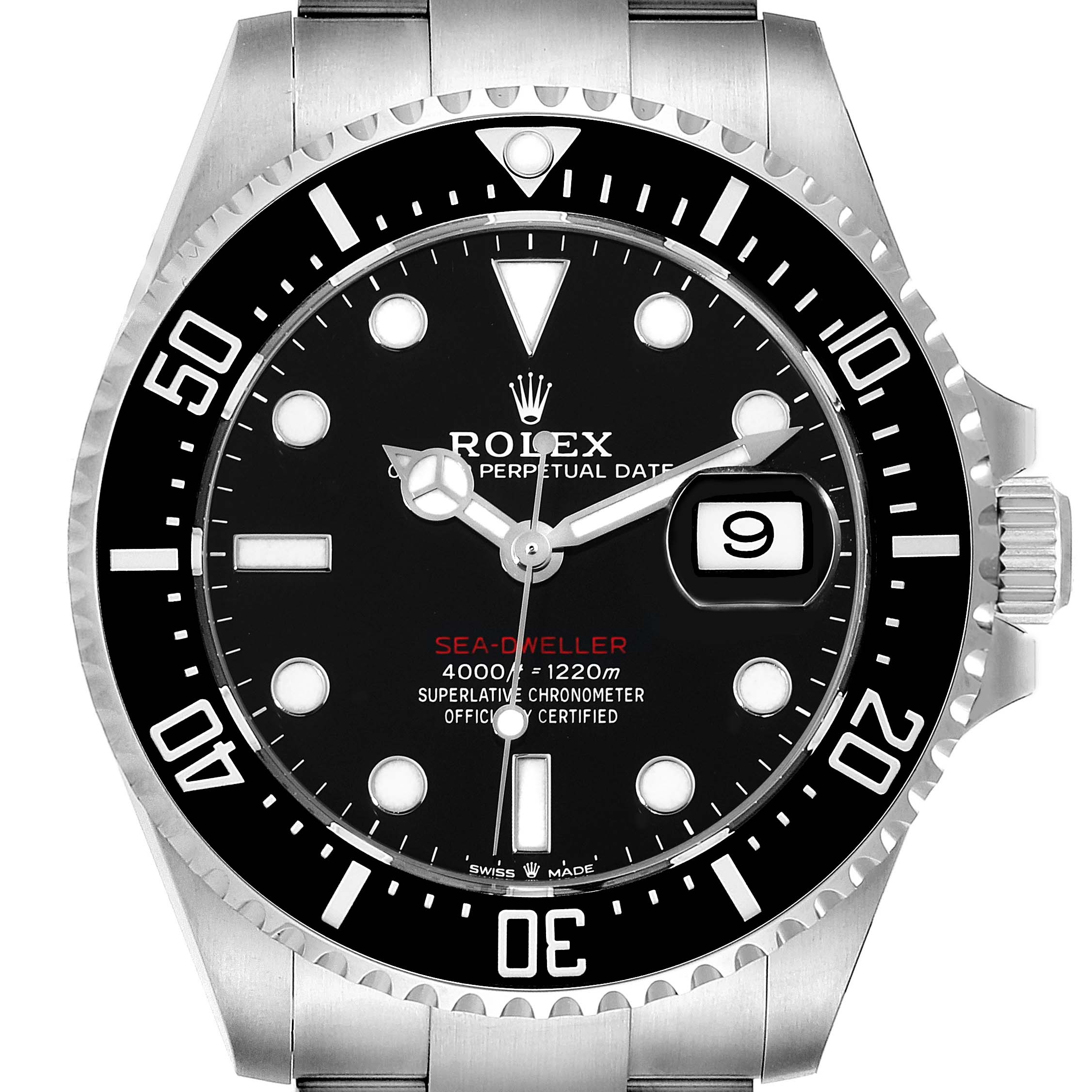 The image shows a front view of the Rolex Sea-Dweller 126600 Men
s Stainless Steel Black Dial 126600 Men
s Stainless Steel Black Dial watch, highlighting its dial, bezel, and crown.