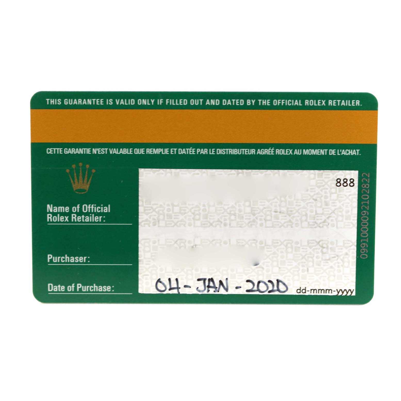 The image shows a filled-out official guarantee card for a Rolex Sea-Dweller 126600 Men
s Stainless Steel Black Dial 126600 Men
s Stainless Steel Black Dial watch.