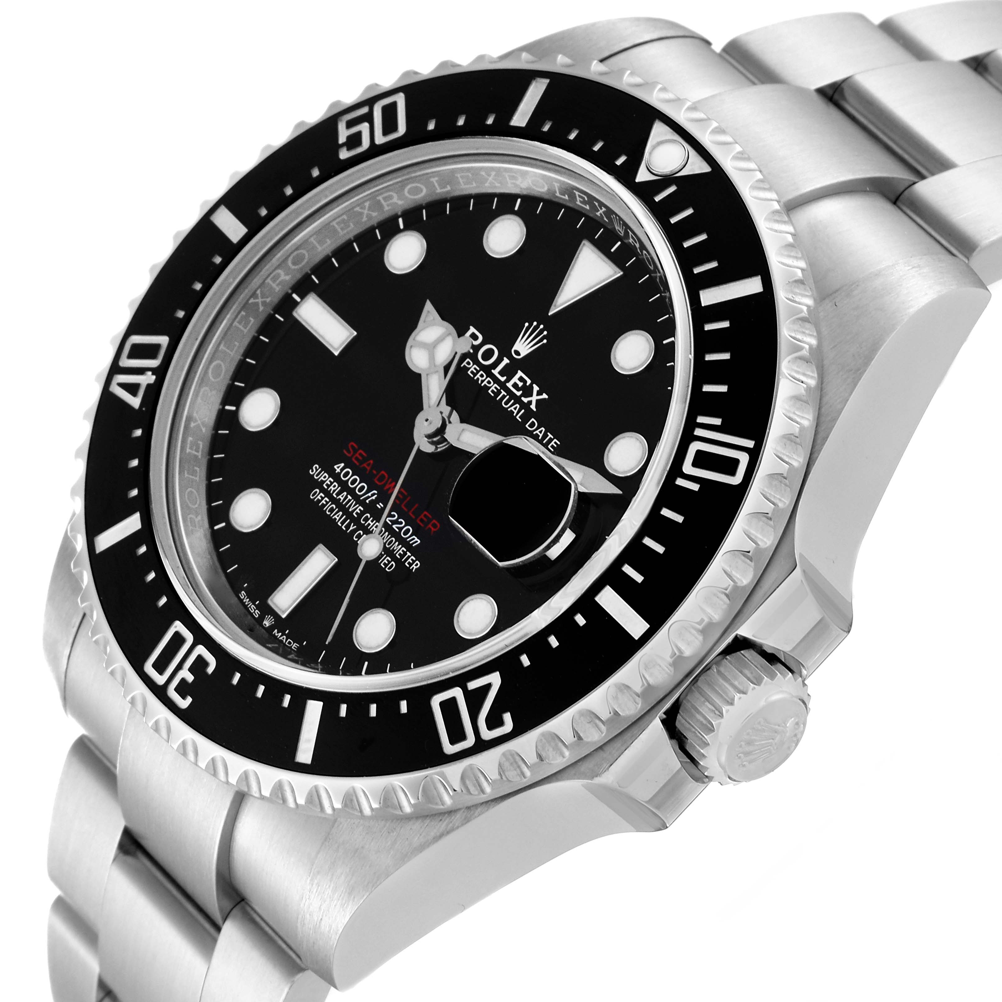 This image shows the Rolex Sea-Dweller 126600 Men
s Stainless Steel Black Dial 126600 Men
s Stainless Steel Black Dial watch at an angle highlighting the face, bezel, bracelet, and crown.