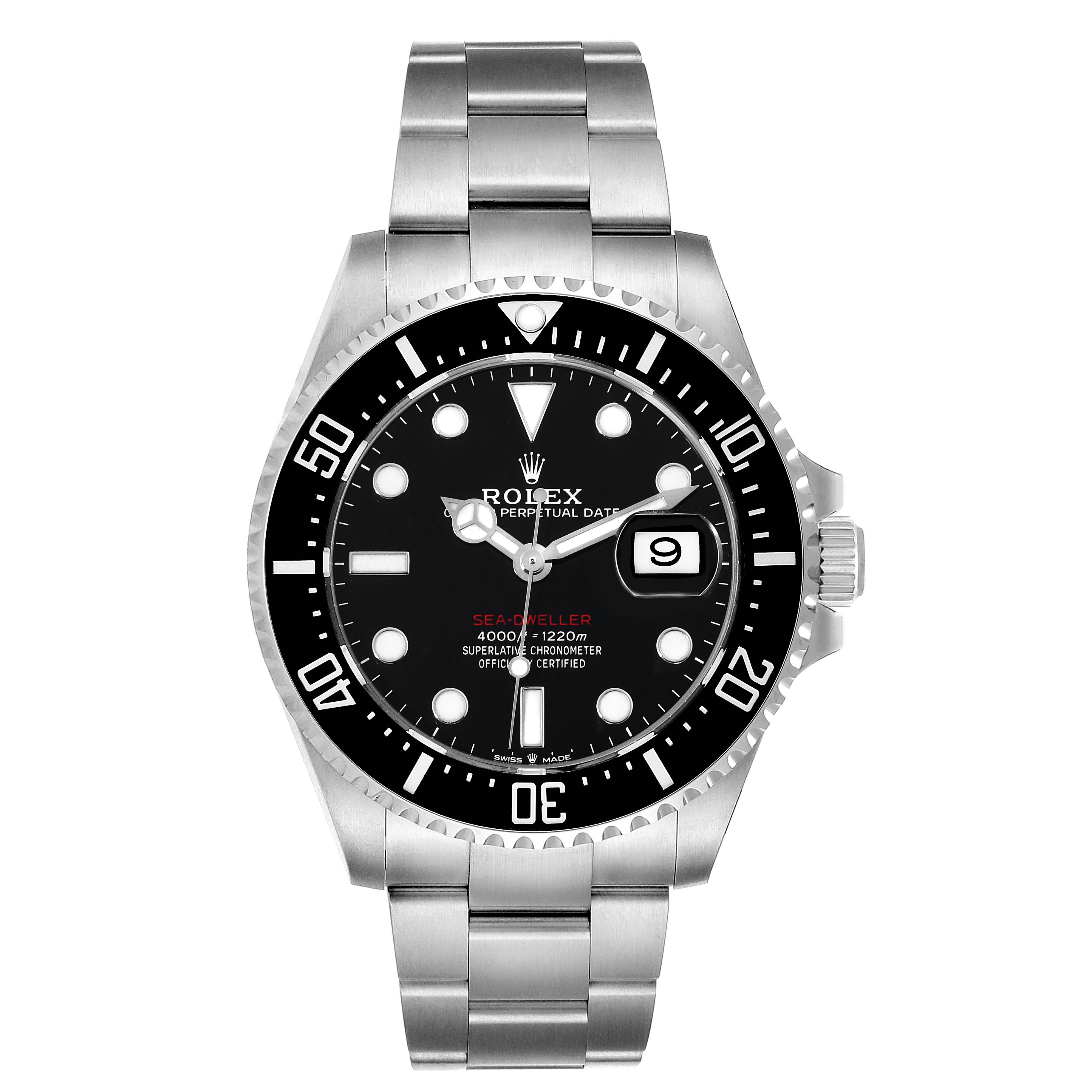 This image shows a frontal view of the Rolex Sea-Dweller 126600 Men
s Stainless Steel Black Dial 126600 Men
s Stainless Steel Black Dial watch, highlighting its dial, bezel, bracelet, and date window.
