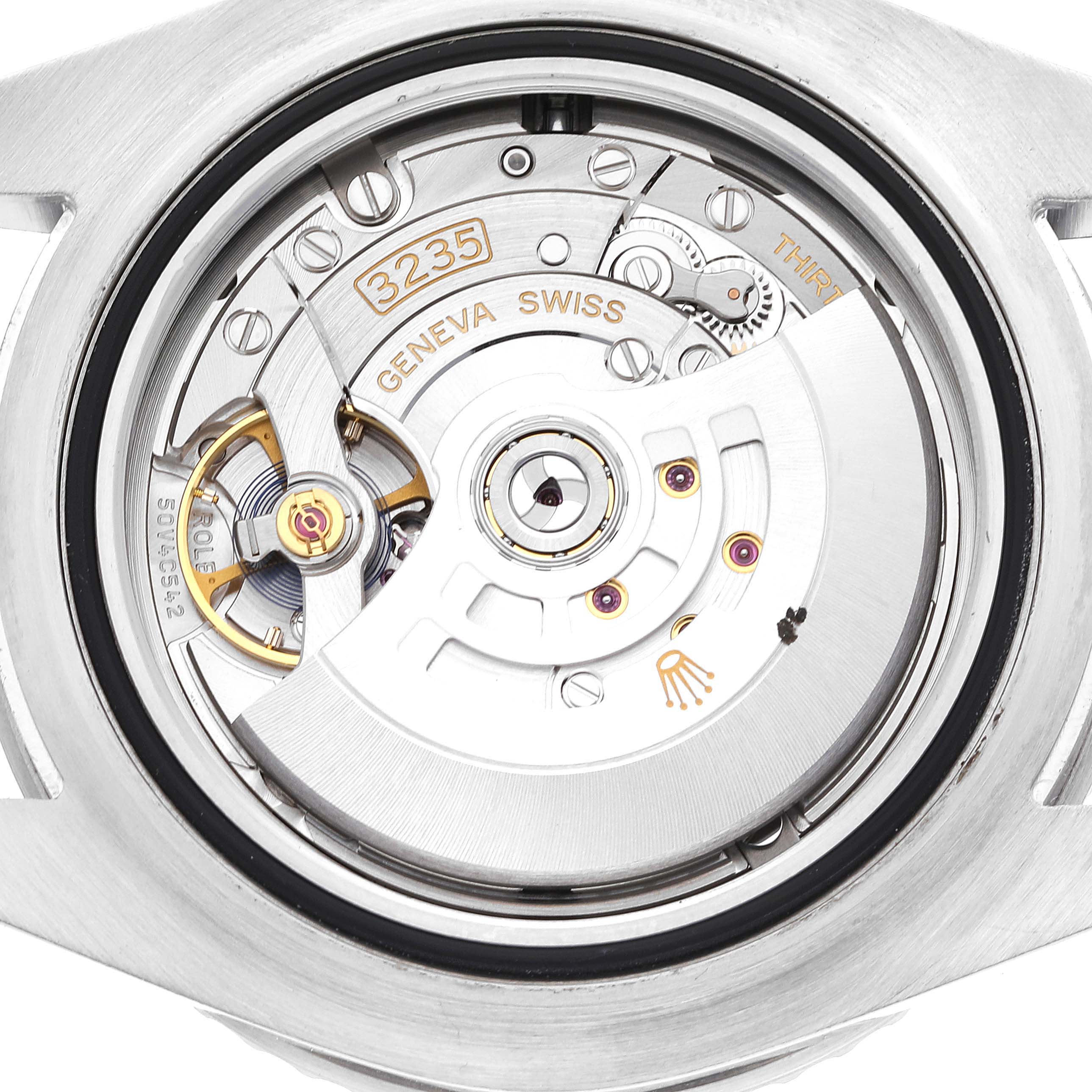 This is a close-up view of the movement mechanism of the Rolex Sea-Dweller 126600 Men
s Stainless Steel Black Dial 126600 Men
s Stainless Steel Black Dial model, showcasing its intricate internal components.