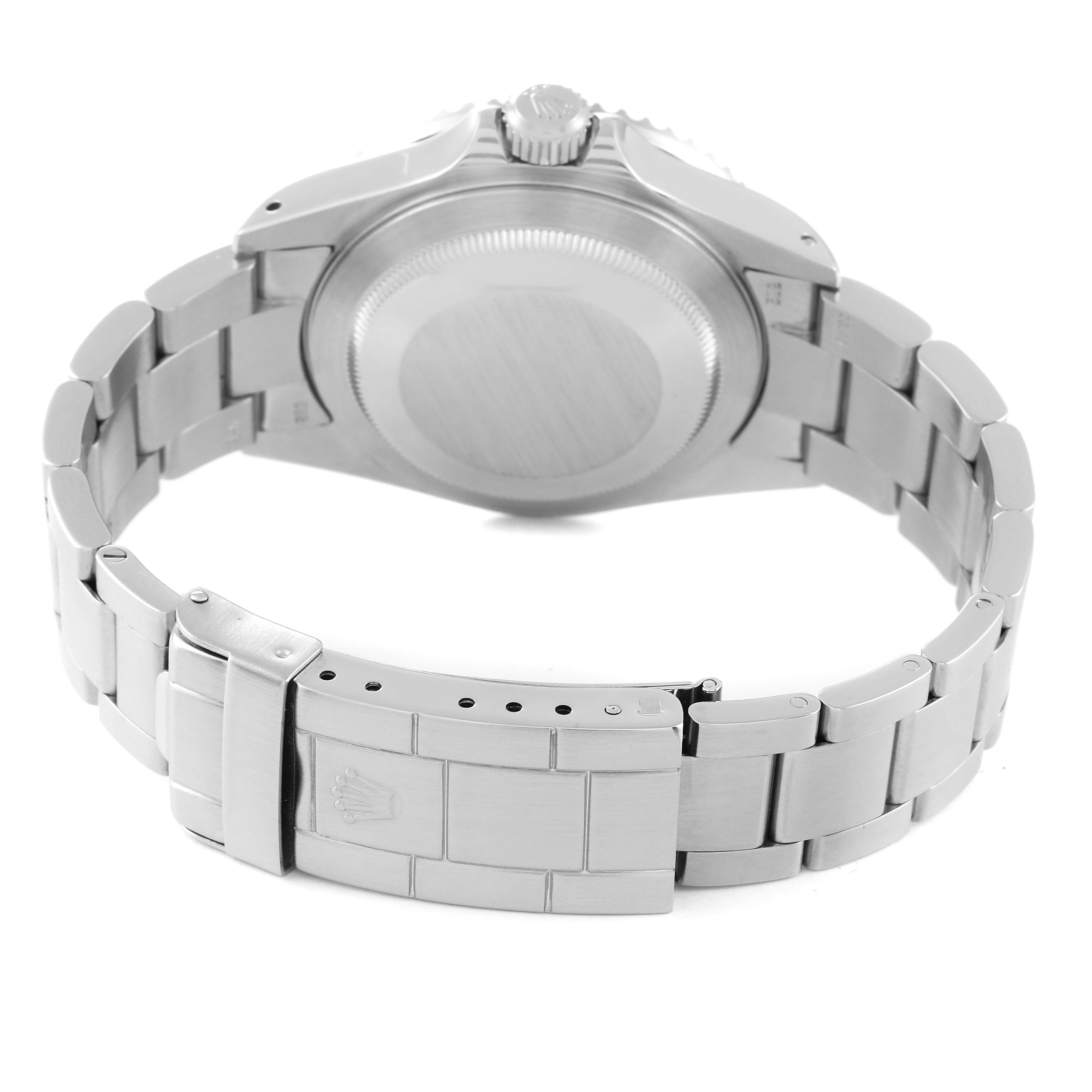 This image shows the back view of the Rolex Vintage Collection 16660 Men's Stainless Steel Black Dial 16660 Men's Stainless Steel Black Dial watch, highlighting the caseback and stainless steel bracelet with clasp.