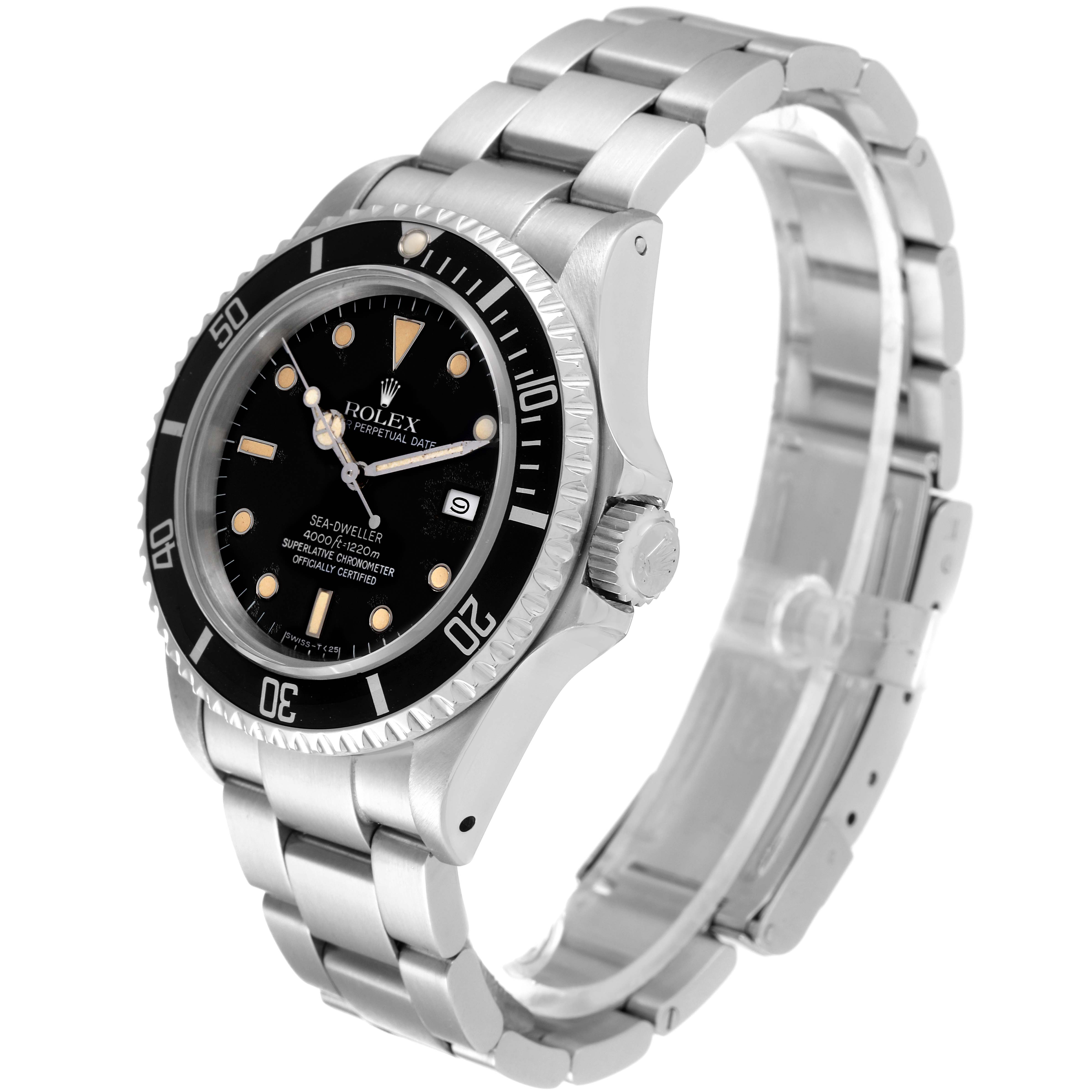The image shows a Vintage Collection Rolex Sea-Dweller watch at a 45-degree angle, highlighting the bezel, dial, and bracelet.