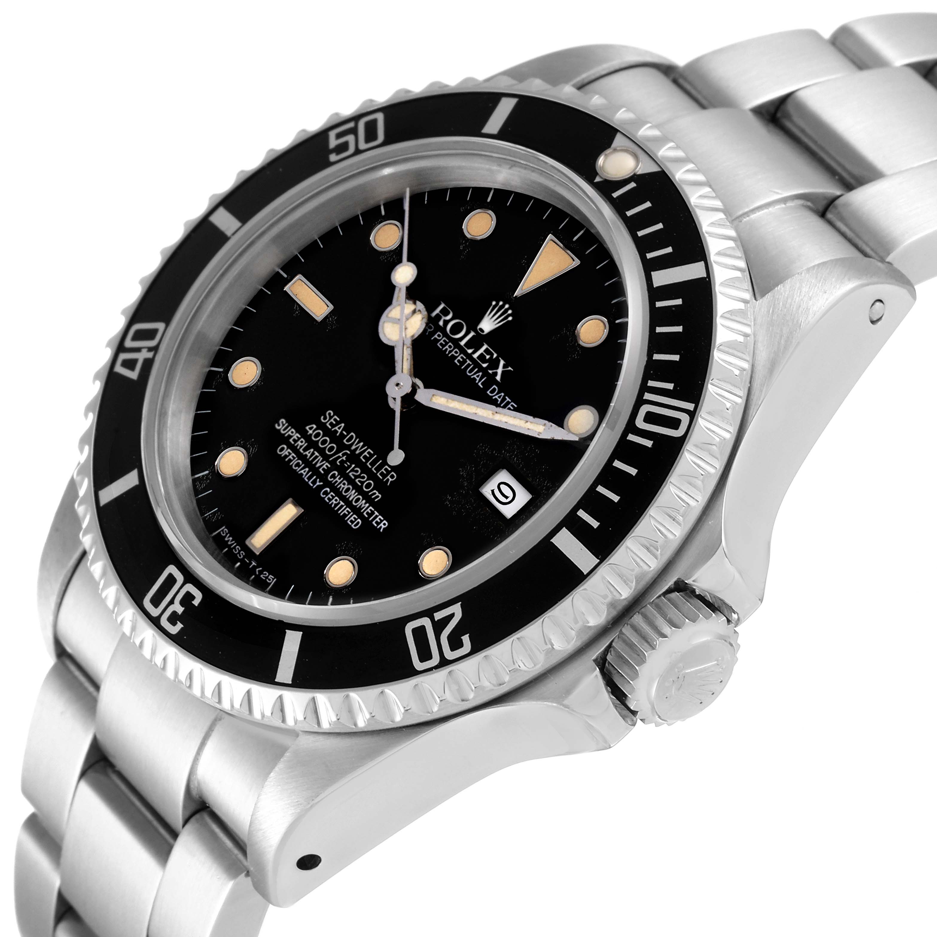 This image shows a Rolex Vintage Collection 16660 Men's Stainless Steel Black Dial 16660 Men's Stainless Steel Black Dial Sea-Dweller watch at an angle displaying the face, bezel, crown, and part of the bracelet.