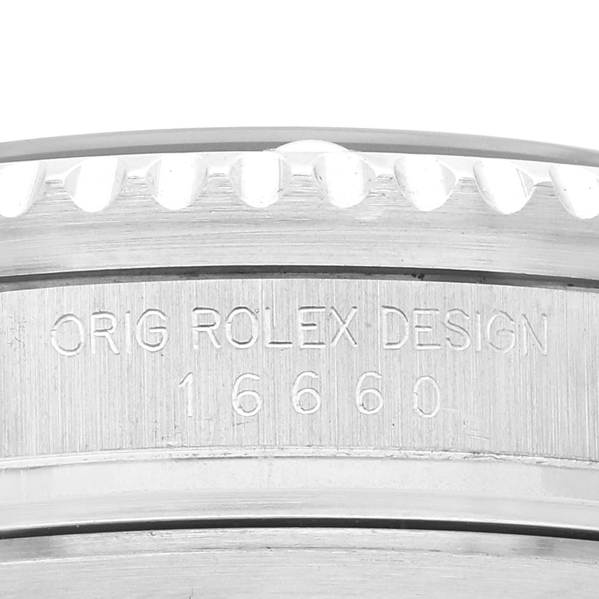 This image shows a close-up of the case side of the Vintage Collection Rolex watch, revealing the engraved model number "16660" and "ORIG ROLEX DESIGN."