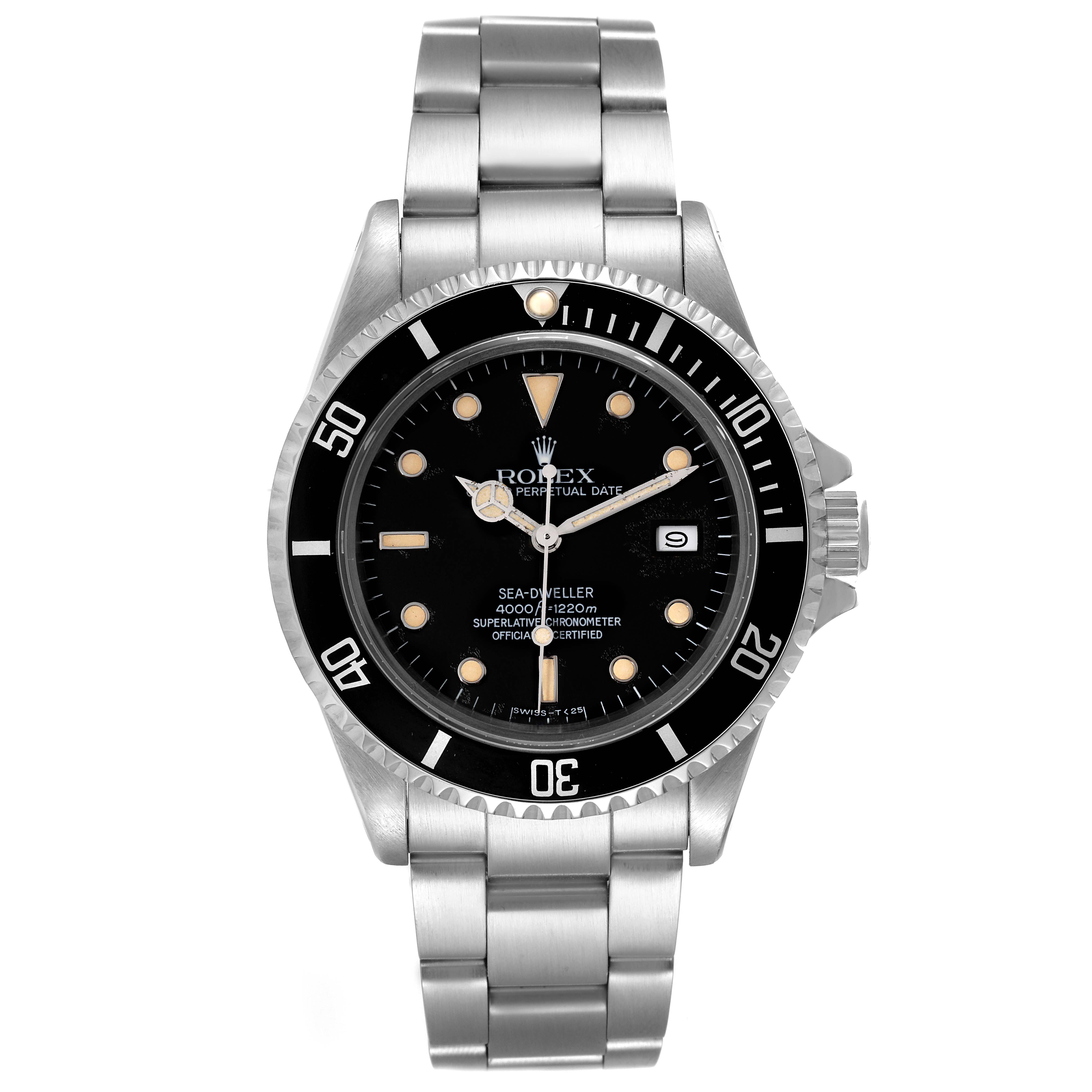 This image shows a front view of a Rolex Vintage Collection 16660 Men's Stainless Steel Black Dial 16660 Men's Stainless Steel Black Dial Sea-Dweller watch, including the dial, bezel, and stainless steel bracelet.