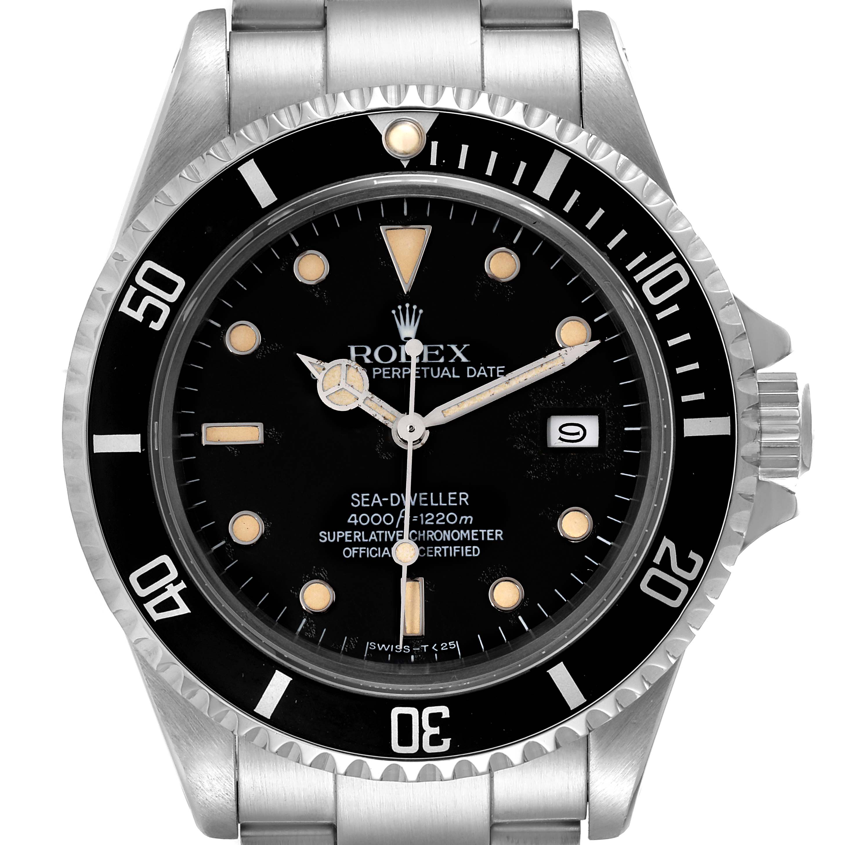 The image shows a front view of the Vintage Collection Rolex Sea-Dweller watch, highlighting the dial, bezel, and bracelet.