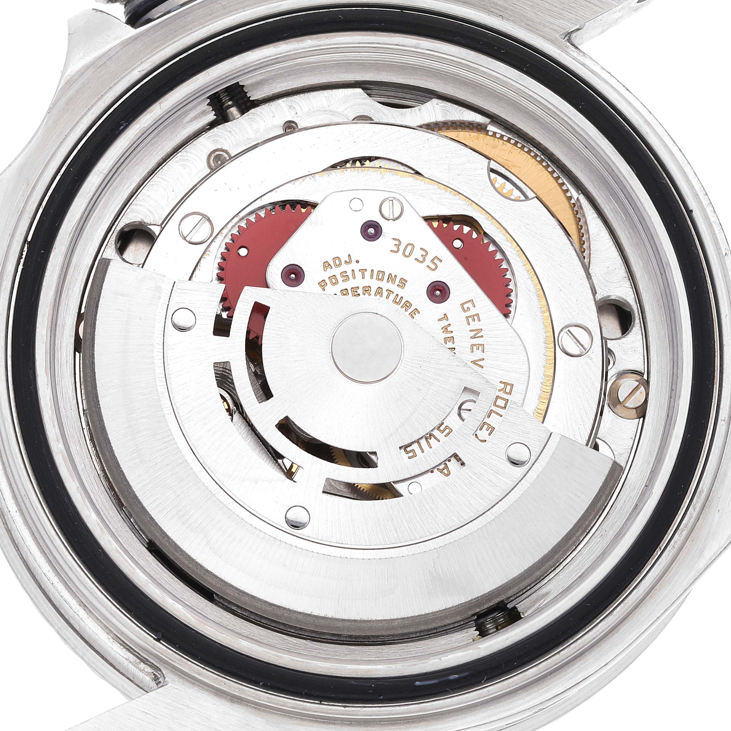 The image shows the internal mechanism of a Rolex Vintage Collection 16660 Men's Stainless Steel Black Dial 16660 Men's Stainless Steel Black Dial model from a close-up, showcasing its intricate gears and components.