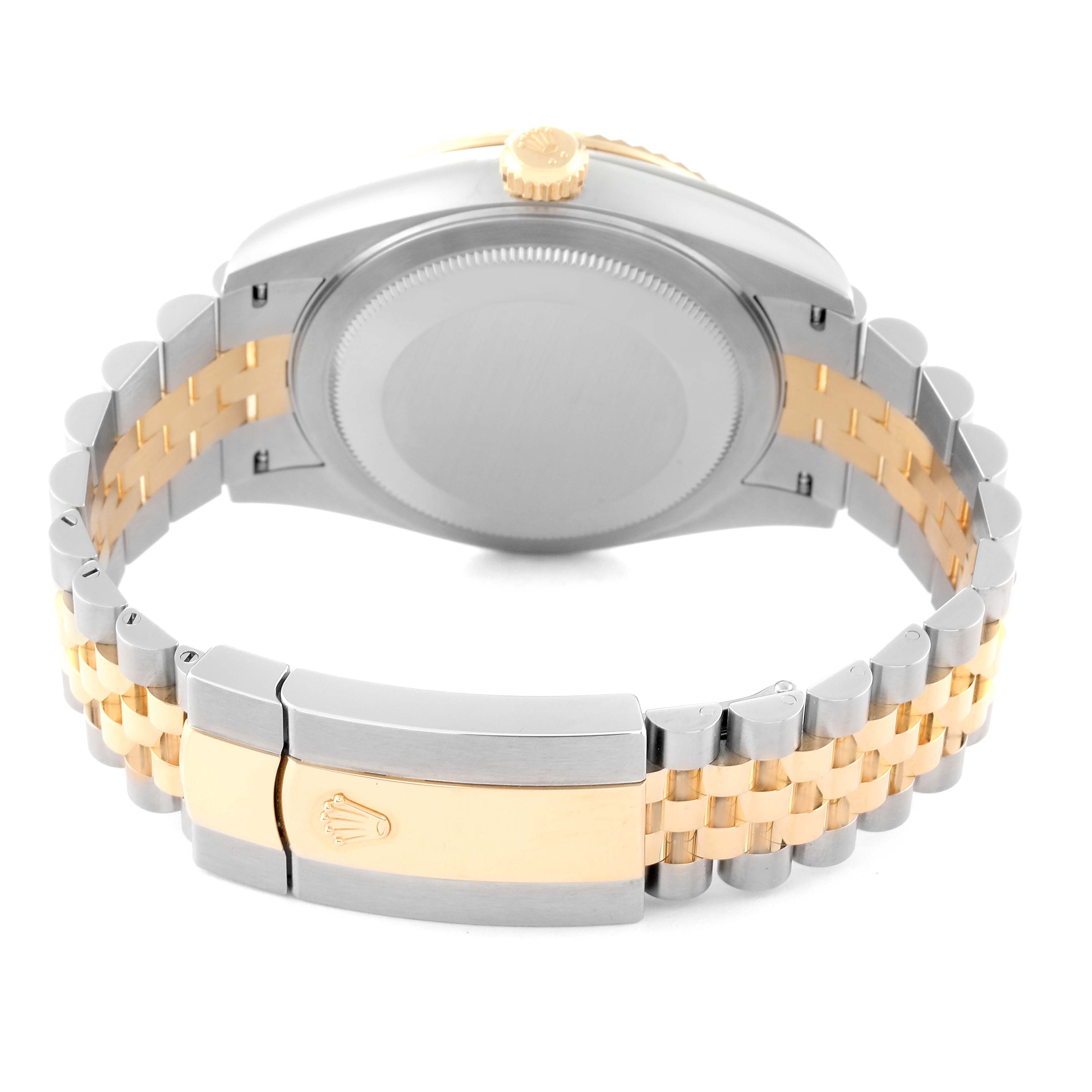 The image shows the back case and bracelet clasp of a Rolex Sky-Dweller 336933 Men
s Steel and Gold (two tone) Black Dial 336933 Men
s Steel and Gold (two tone) Black Dial watch.