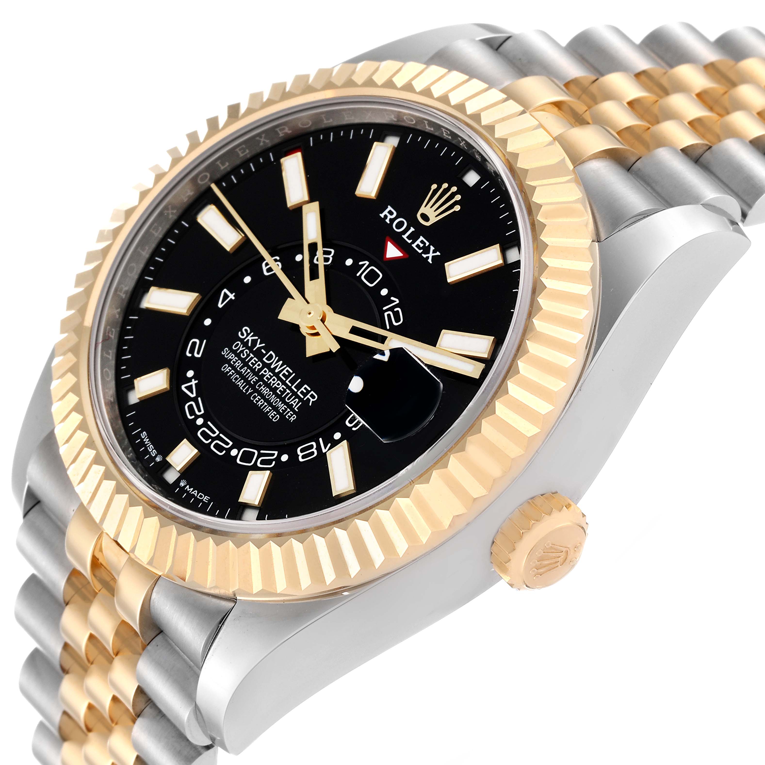 The image shows a tilted angle of a Rolex Sky-Dweller 336933 Men
s Steel and Gold (two tone) Black Dial 336933 Men
s Steel and Gold (two tone) Black Dial watch focusing on the dial, bezel, and a part of the bracelet.