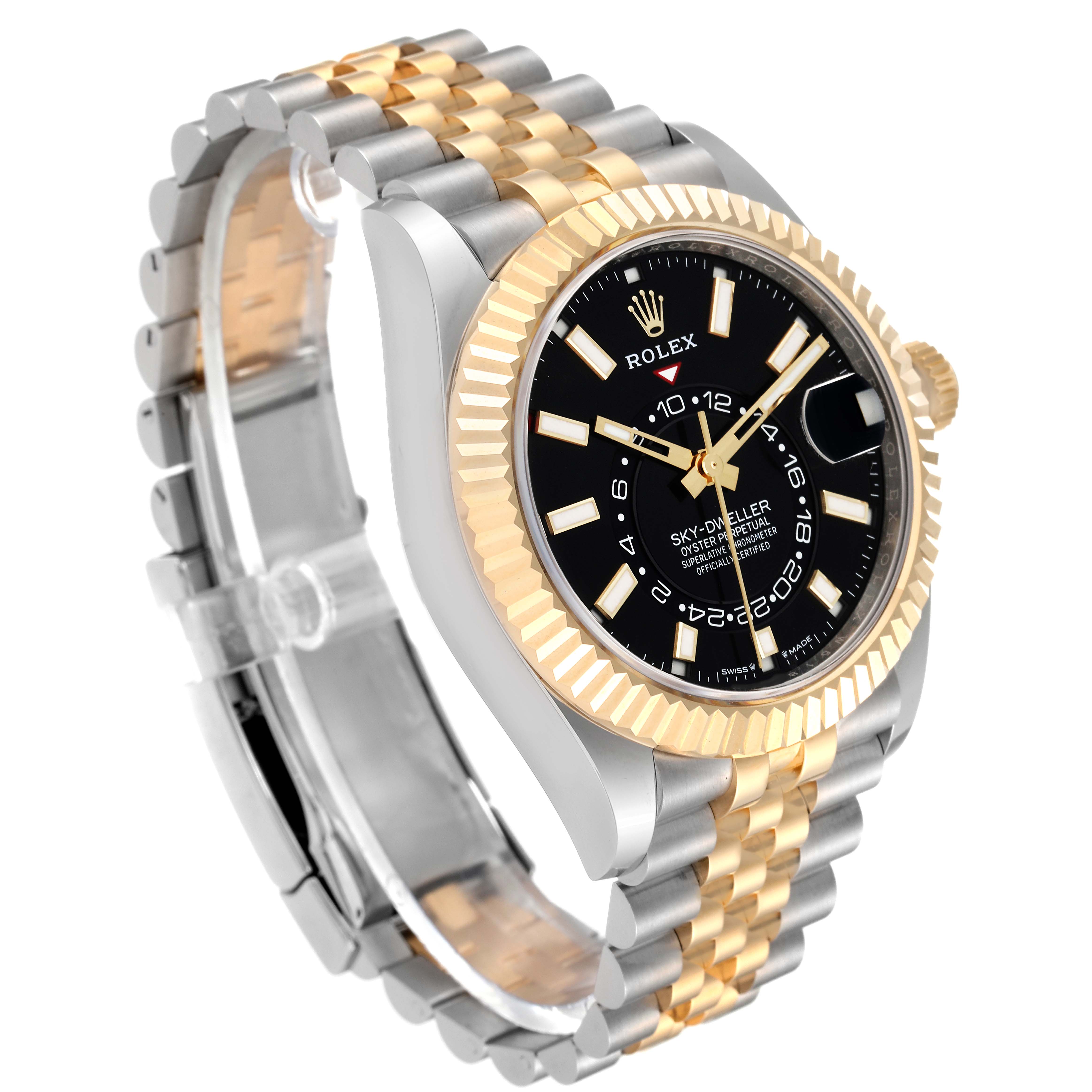 The Rolex Sky-Dweller 336933 Men
s Steel and Gold (two tone) Black Dial 336933 Men
s Steel and Gold (two tone) Black Dial watch is shown from a three-quarter angle, highlighting the black dial, gold fluted bezel, and two-tone bracelet.