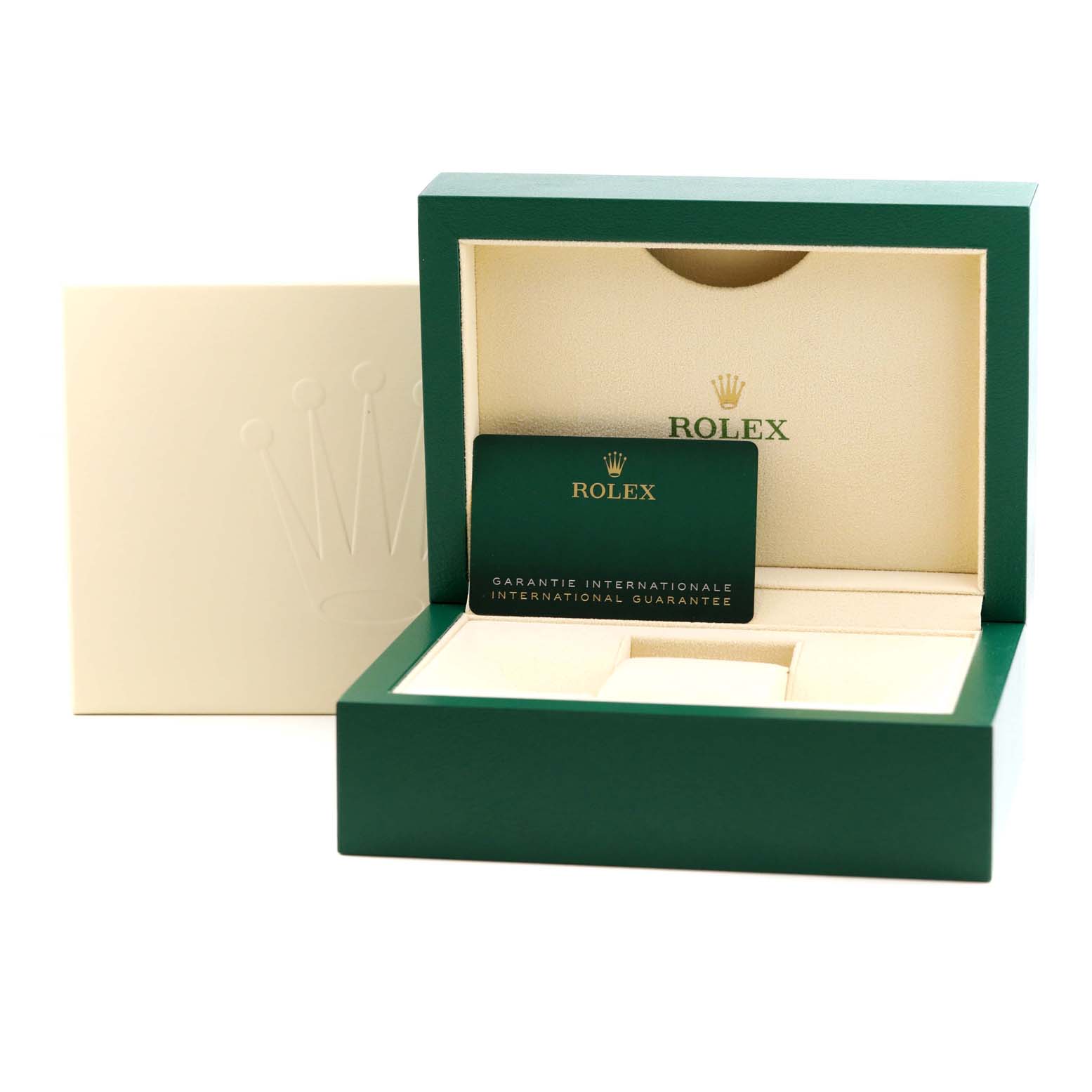 This image shows the packaging and guarantee card of the Rolex Sky-Dweller 336933 Men
s Steel and Gold (two tone) Black Dial 336933 Men
s Steel and Gold (two tone) Black Dial, featuring a green and beige presentation box.