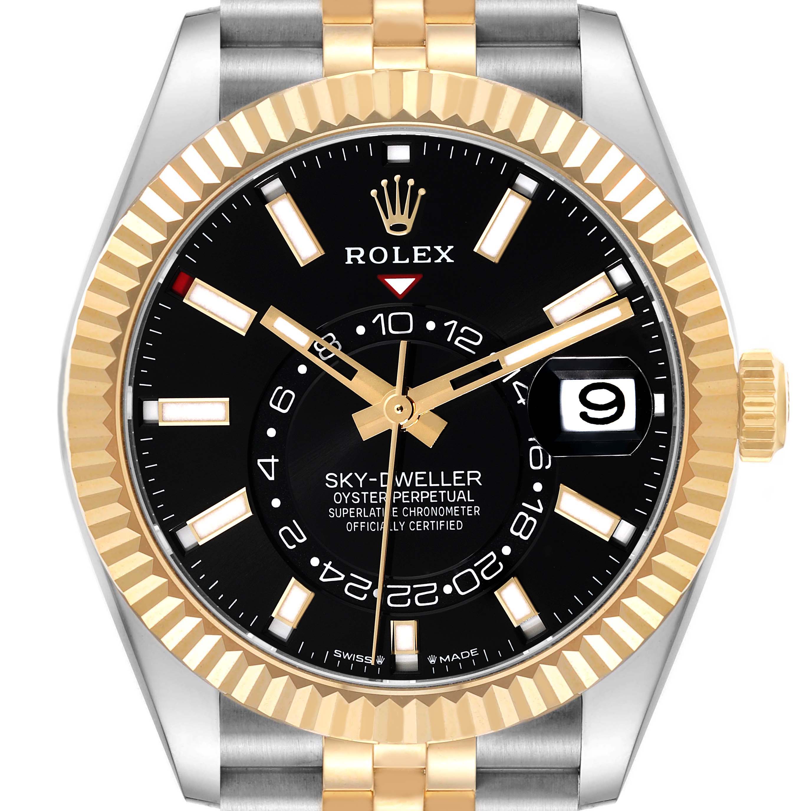 The image shows a front view of a Rolex Sky-Dweller 336933 Men
s Steel and Gold (two tone) Black Dial 336933 Men
s Steel and Gold (two tone) Black Dial watch, highlighting its face, bezel, and two-tone bracelet.