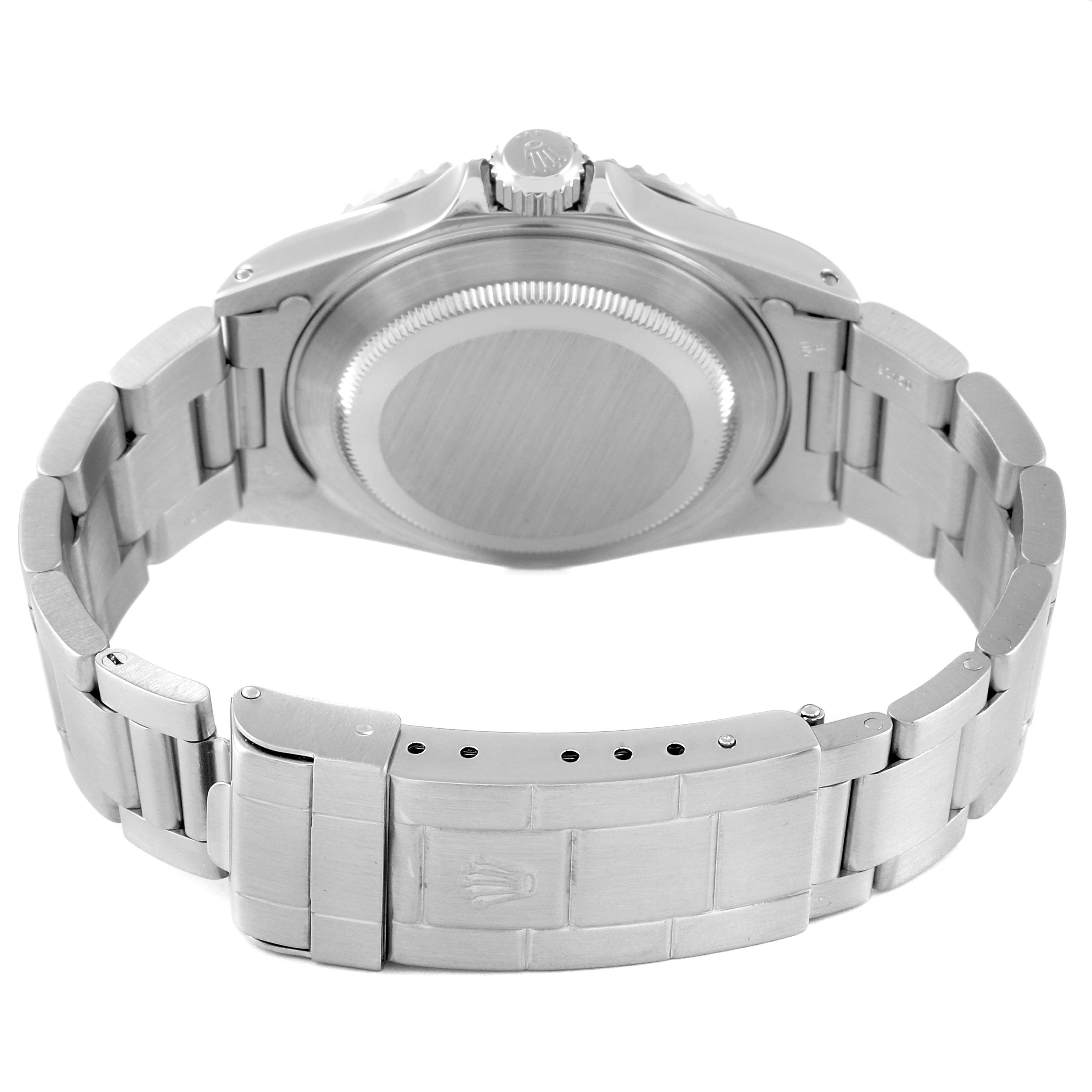 This image shows the back case and bracelet of the Rolex Submariner 14060 Men
s Stainless Steel Black Dial 14060 Men
s Stainless Steel Black Dial watch from a rear angle.