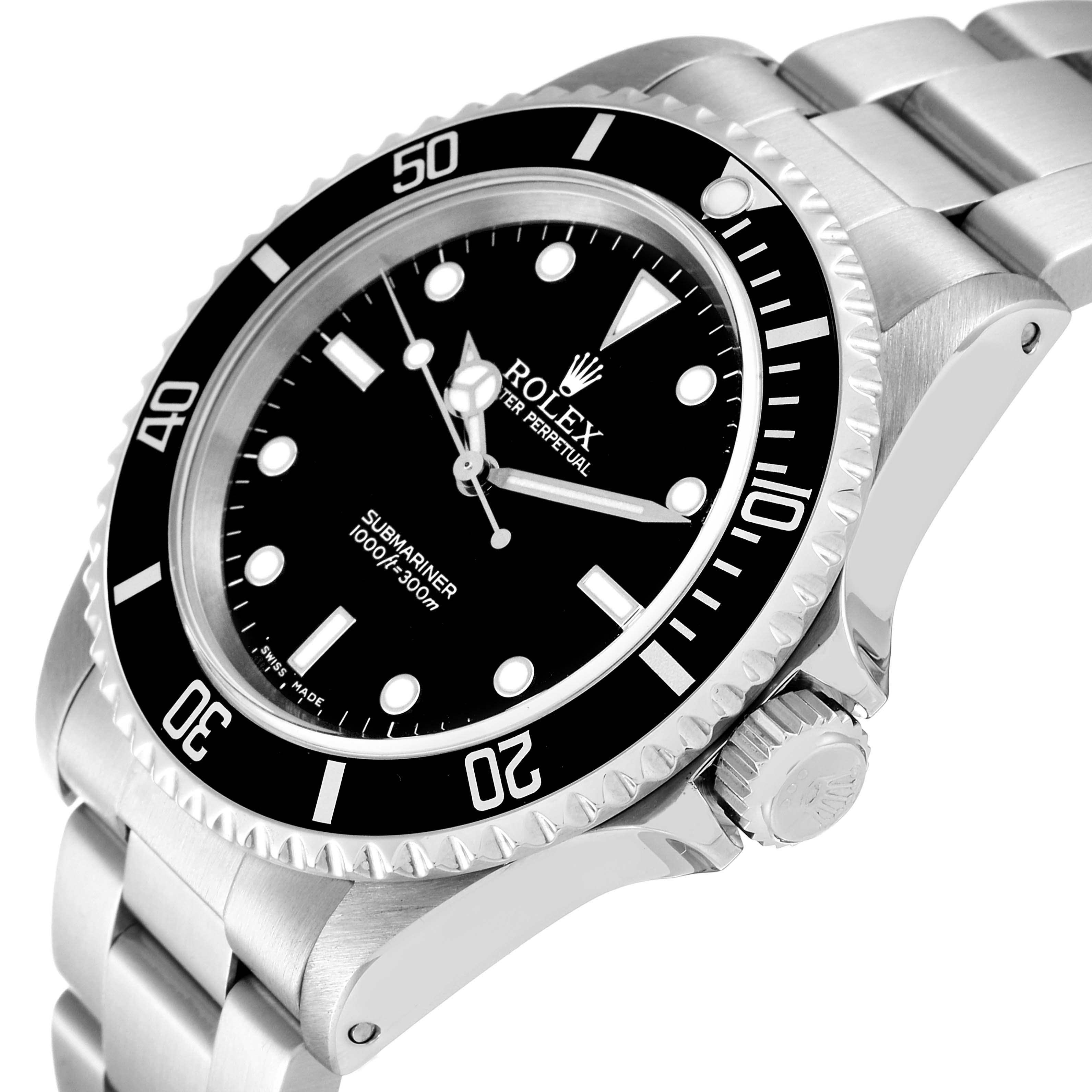 The image shows a Rolex Submariner 14060 Men
s Stainless Steel Black Dial 14060 Men
s Stainless Steel Black Dial watch angled from the side, displaying the face, bezel, crown, and a portion of the bracelet.