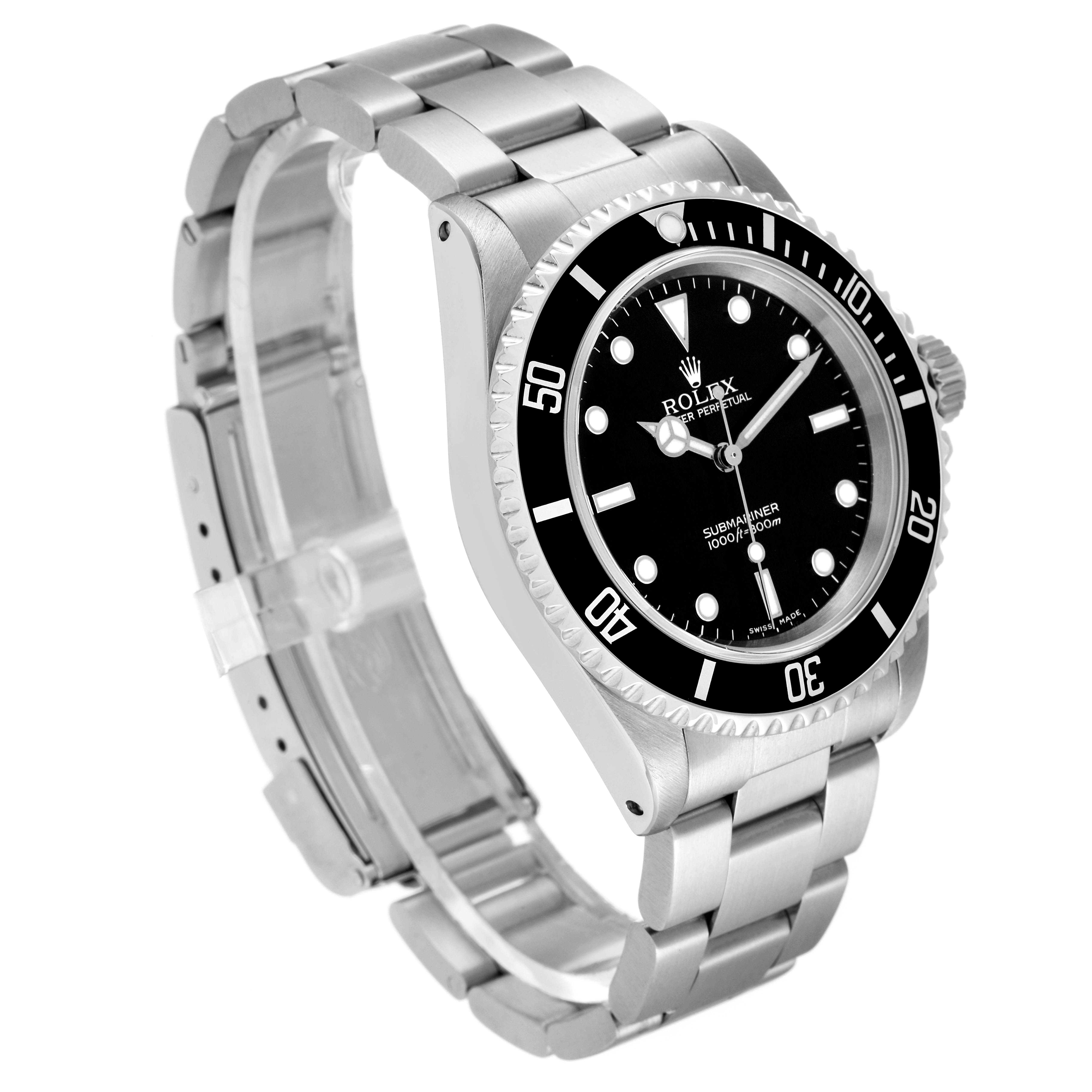 The image shows a Rolex Submariner 14060 Men
s Stainless Steel Black Dial 14060 Men
s Stainless Steel Black Dial watch at a three-quarter angle, highlighting its stainless steel bracelet, bezel, and dial.
