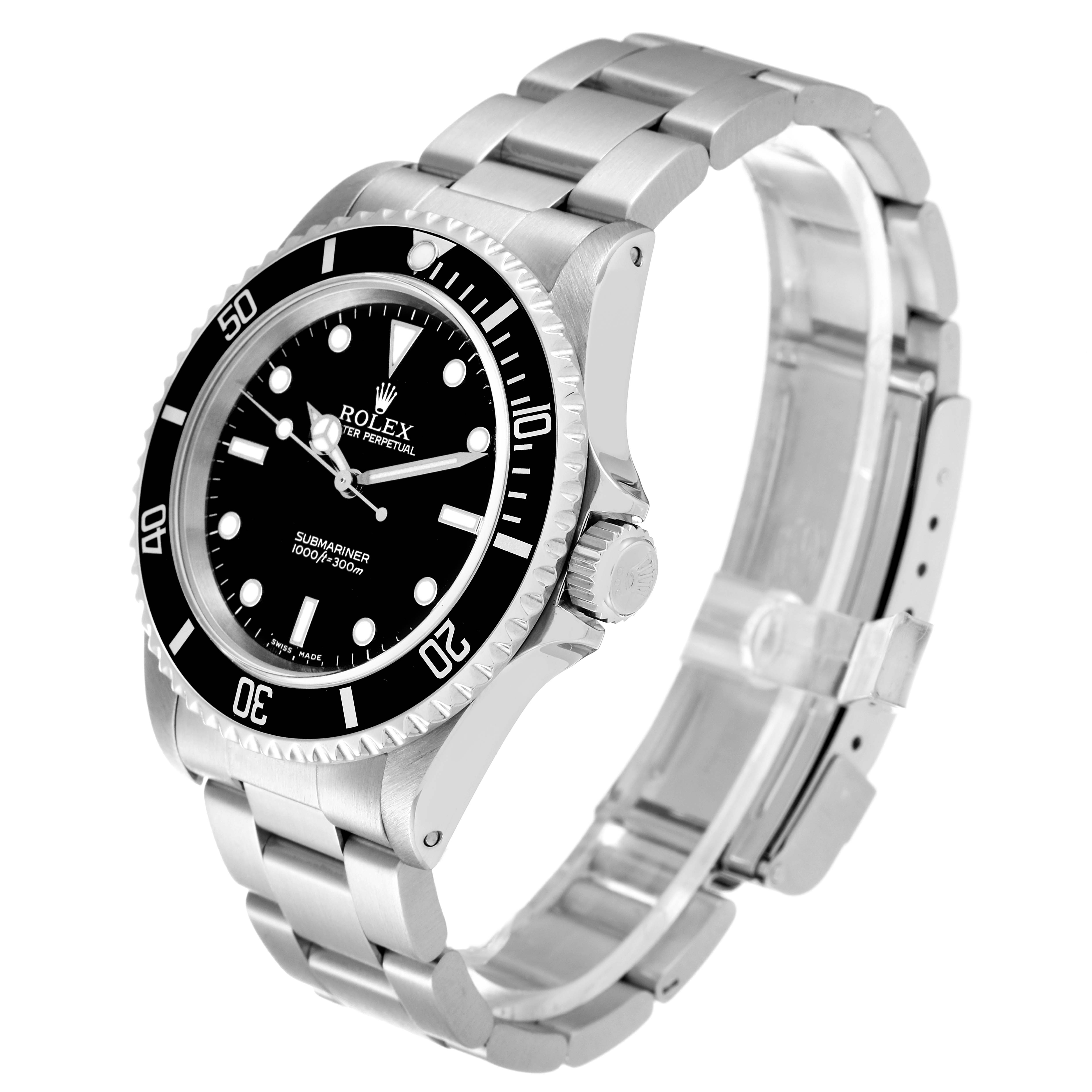 The image shows a side and front angle of the Rolex Submariner 14060 Men
s Stainless Steel Black Dial 14060 Men
s Stainless Steel Black Dial watch displaying its black dial and silver bracelet.