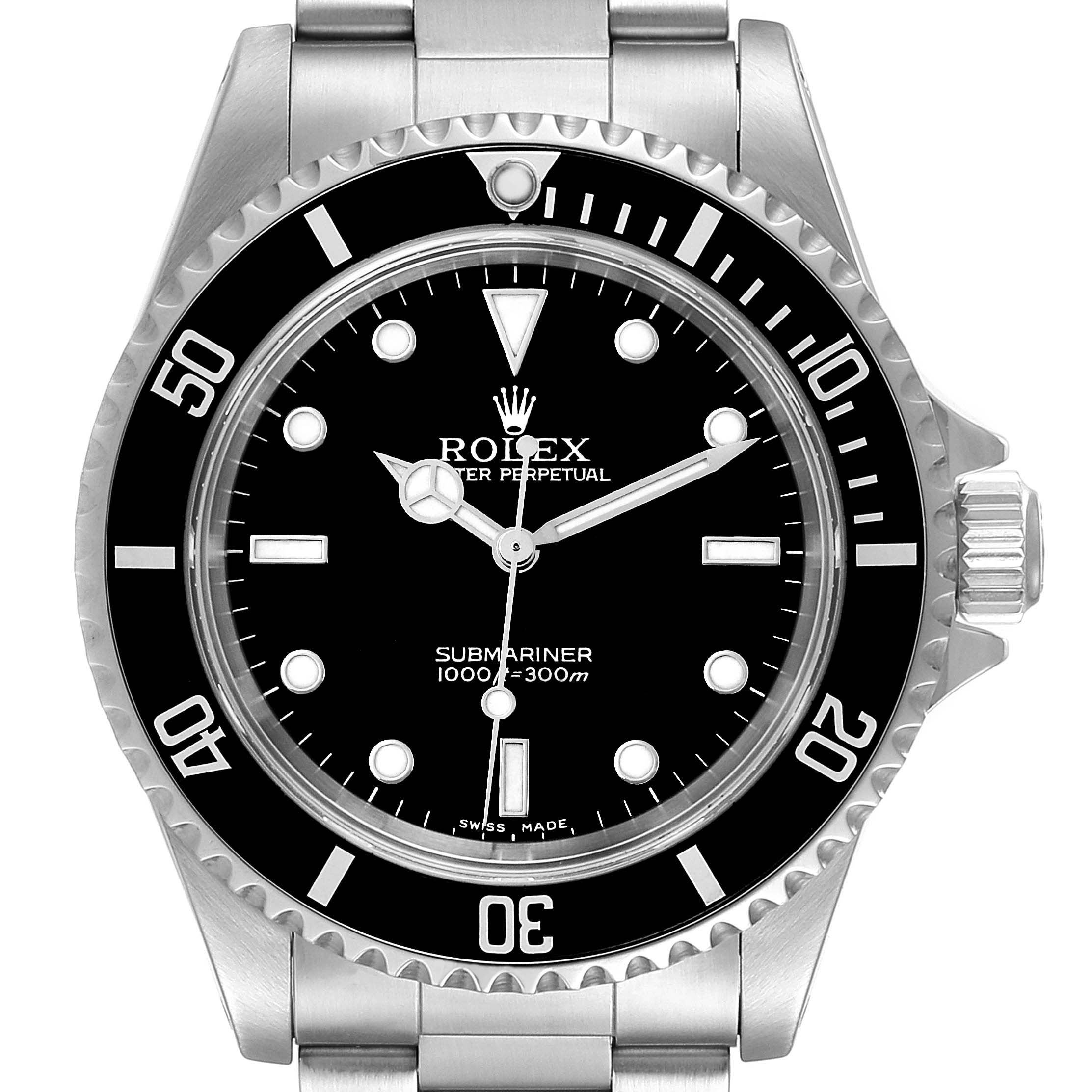 The image shows a front view of a Rolex Submariner 14060 Men
s Stainless Steel Black Dial 14060 Men
s Stainless Steel Black Dial watch, highlighting its bezel, dial, hands, and crown.
