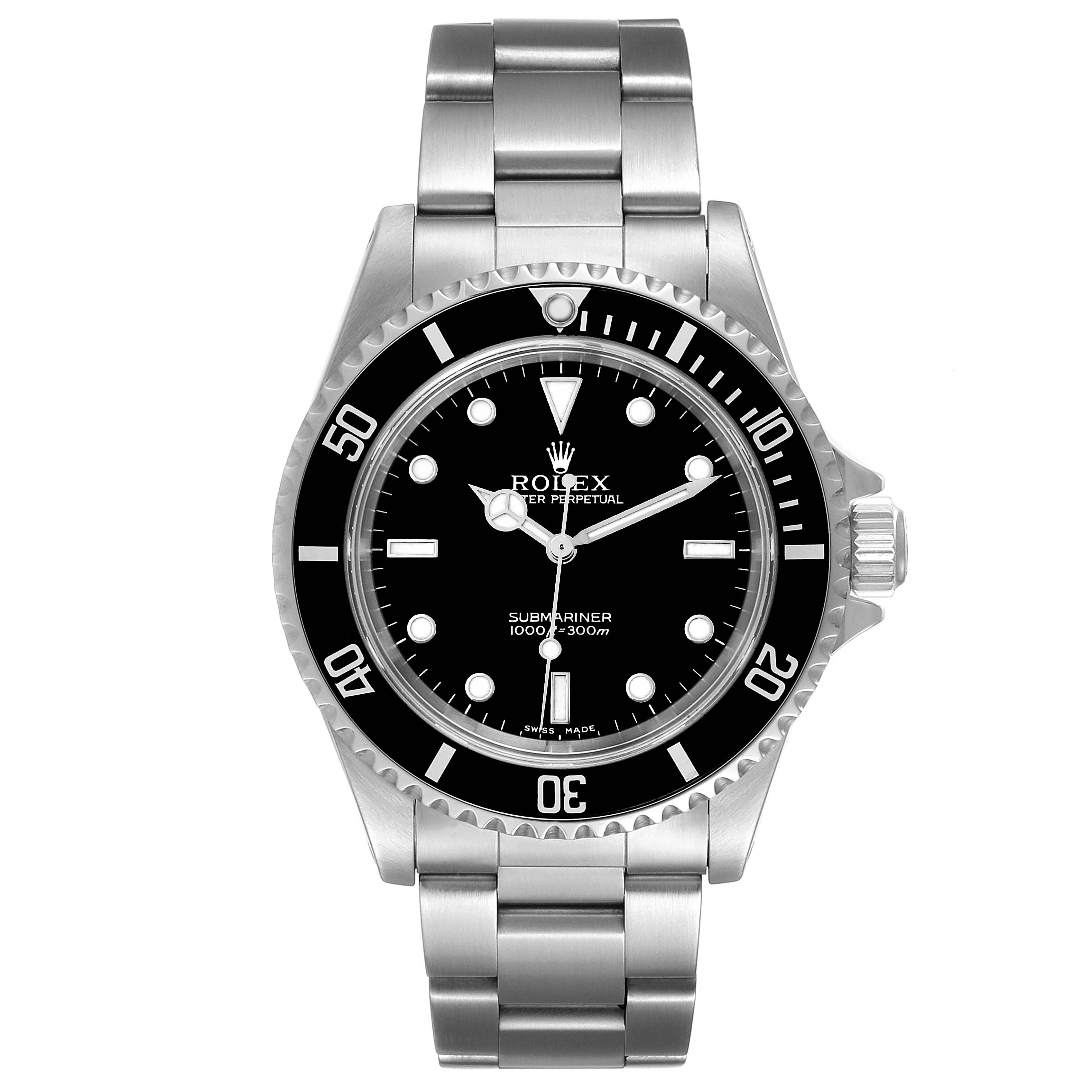The Rolex Submariner 14060 Men
s Stainless Steel Black Dial 14060 Men
s Stainless Steel Black Dial is shown from a front angle displaying the dial, bezel, crown, and bracelet.