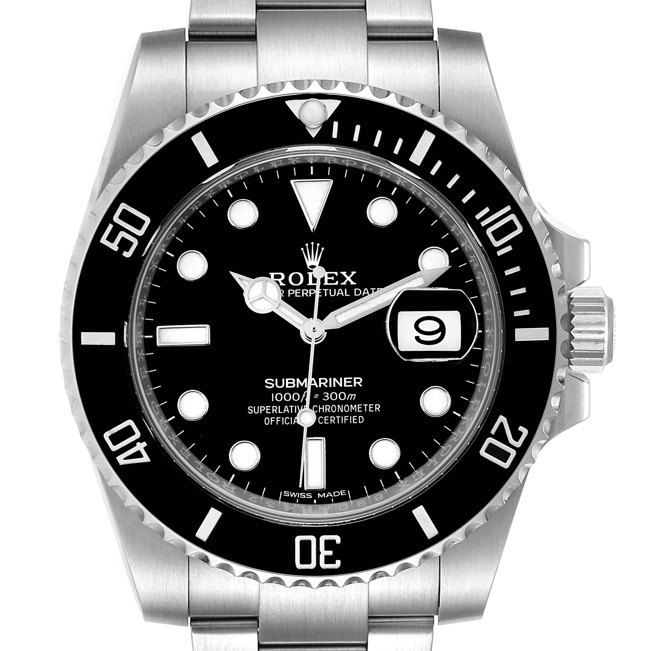 The image shows a front view of the Rolex Submariner 116610 Men
s Stainless Steel Black Dial 116610 Men
s Stainless Steel Black Dial watch, highlighting its dial, bezel, and bracelet.