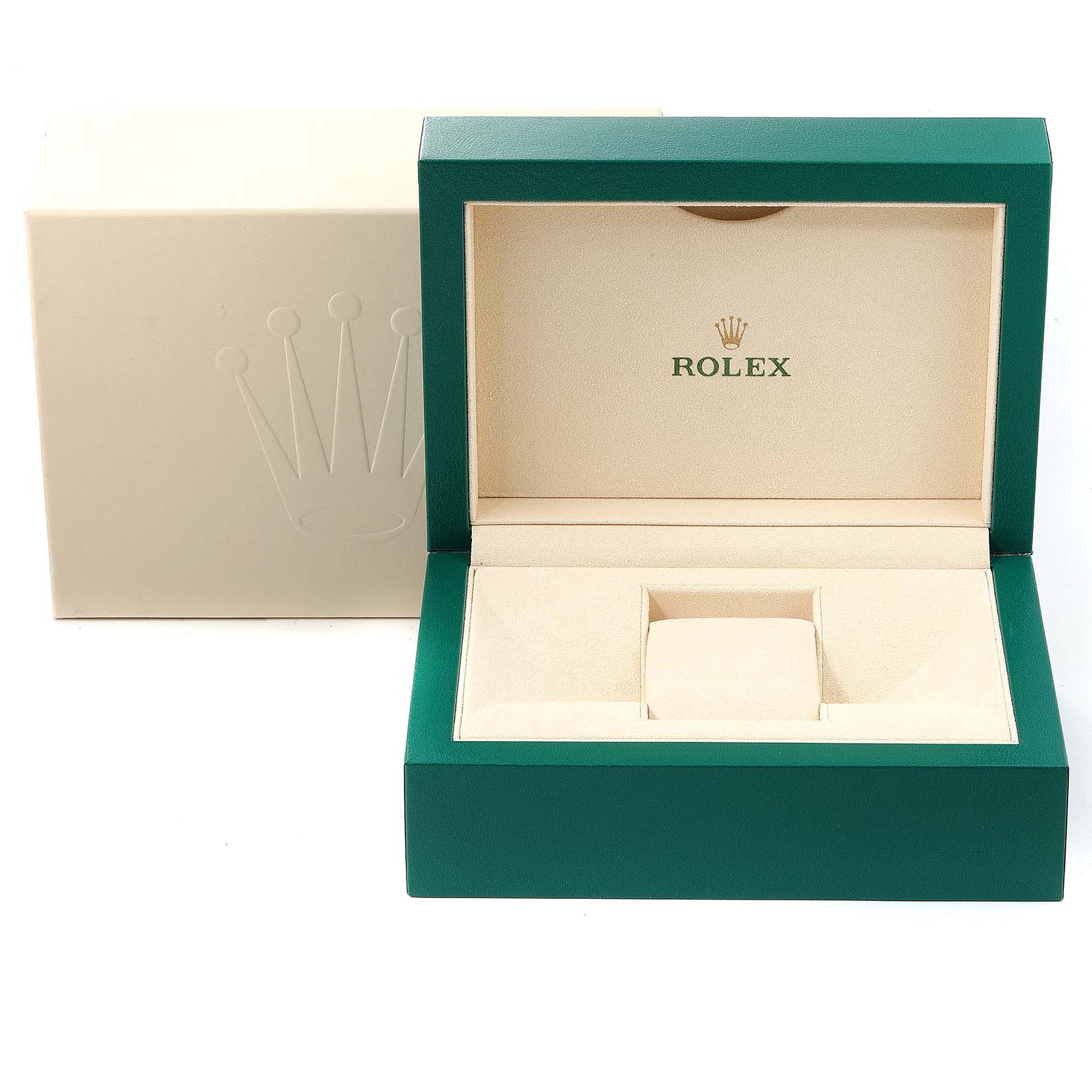 The image shows an open green and beige Rolex watch box for the Submariner model from a front angle.