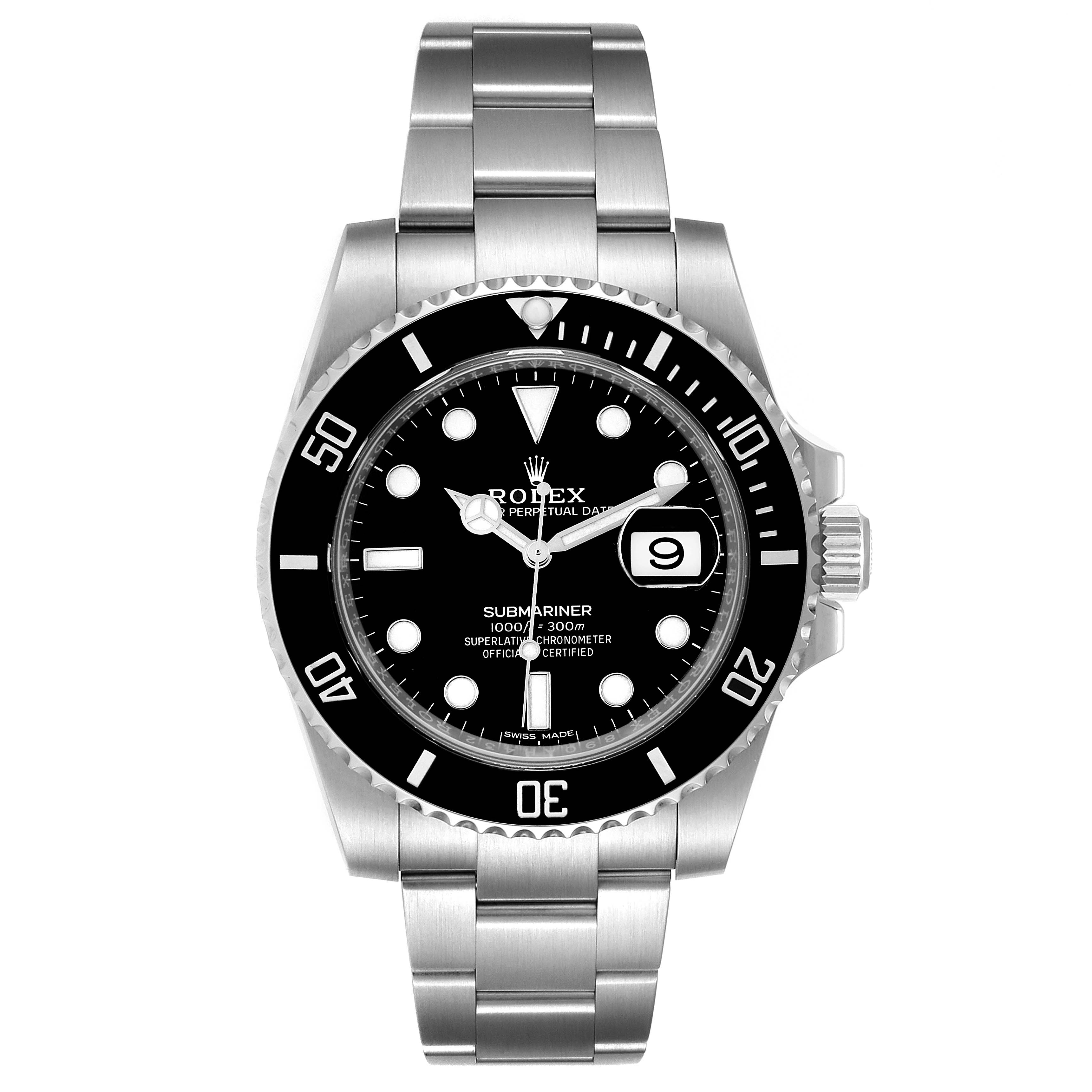 This image shows a front view of a Rolex Submariner 116610 Men
s Stainless Steel Black Dial 116610 Men
s Stainless Steel Black Dial watch, displaying the dial, bezel, and bracelet.