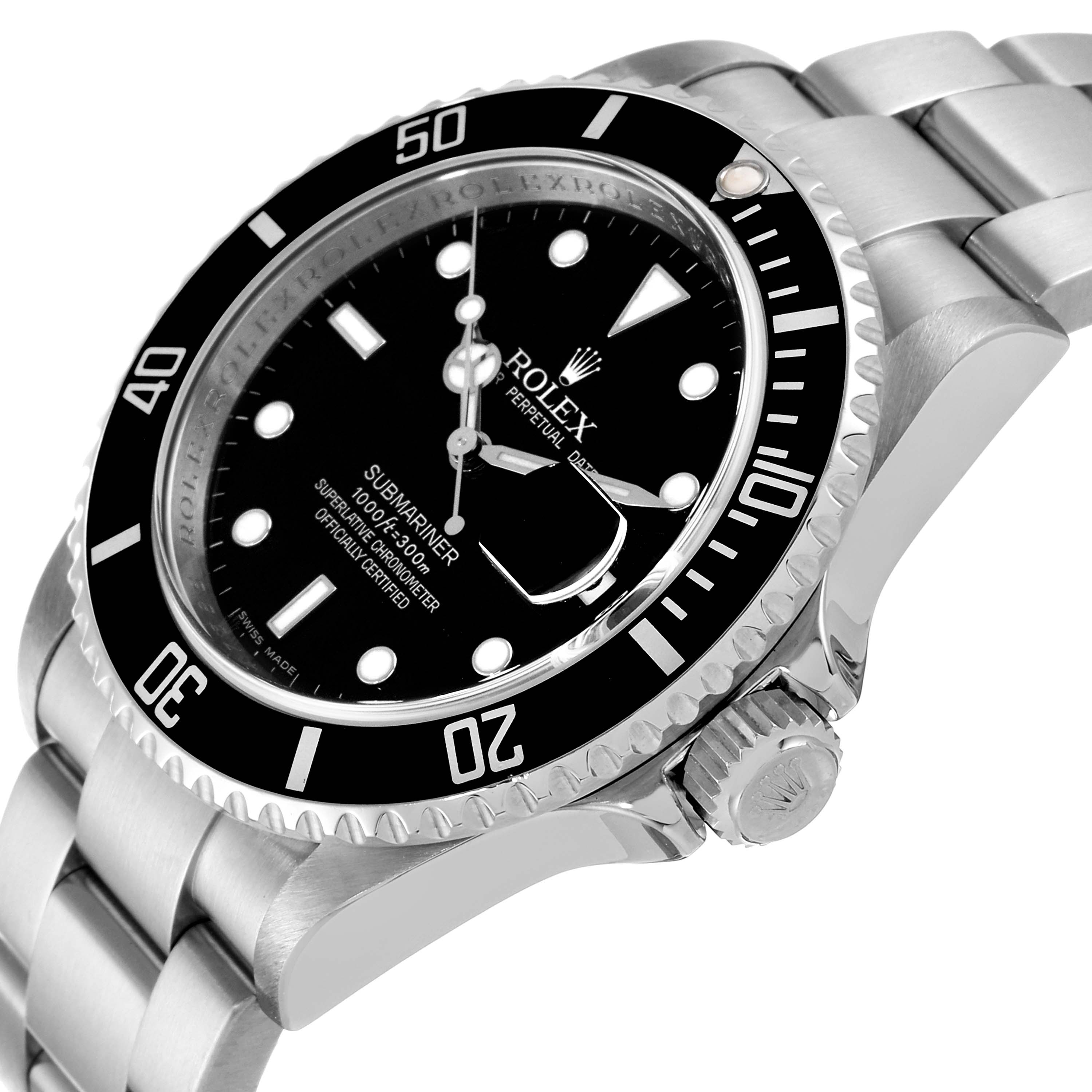 This image shows a close-up angle of the Rolex Submariner 16610 Men
s Stainless Steel Black Dial 16610 Men
s Stainless Steel Black Dial watch, highlighting its dial, bezel, crown, and bracelet.
