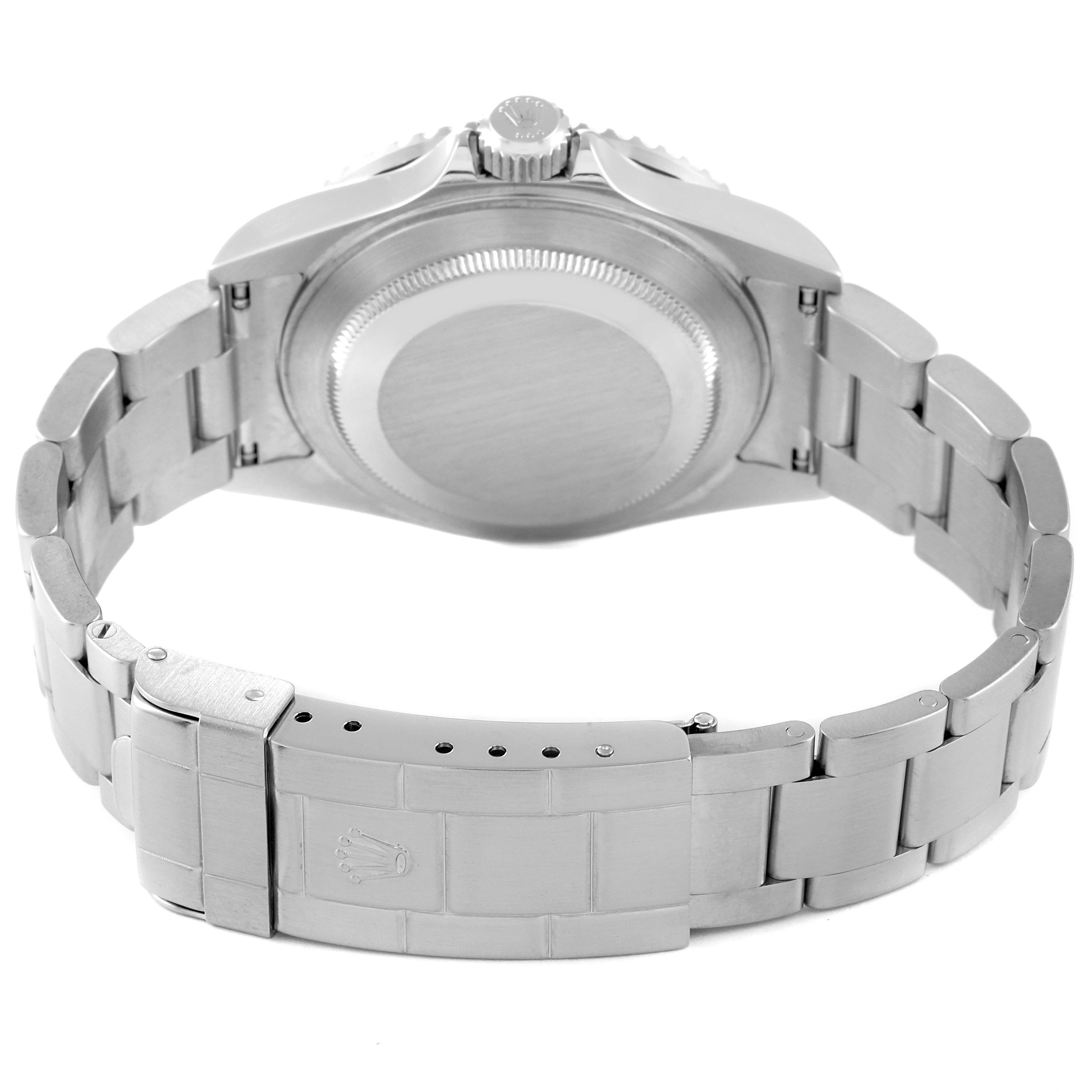 The image shows the back view of a Rolex Submariner 16610 Men
s Stainless Steel Black Dial 16610 Men
s Stainless Steel Black Dial watch, highlighting its closed case back, crown, and metal bracelet.