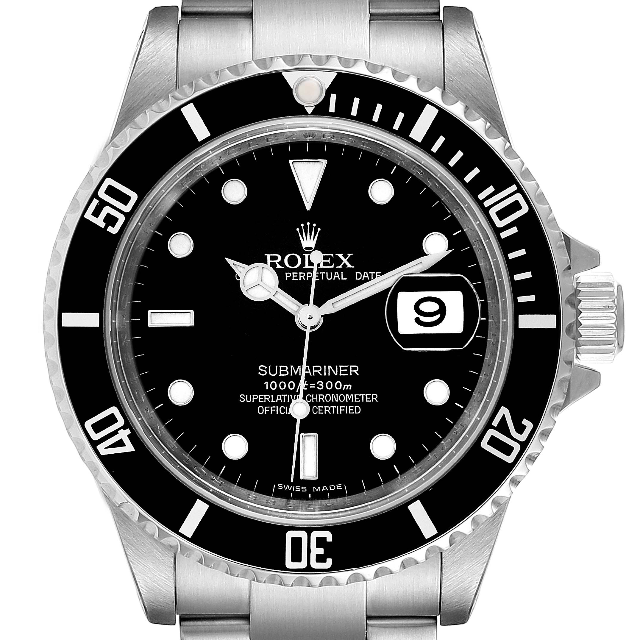 This image shows a front view of a Rolex Submariner 16610 Men
s Stainless Steel Black Dial 16610 Men
s Stainless Steel Black Dial watch, highlighting the black dial, date window, and stainless steel bracelet.